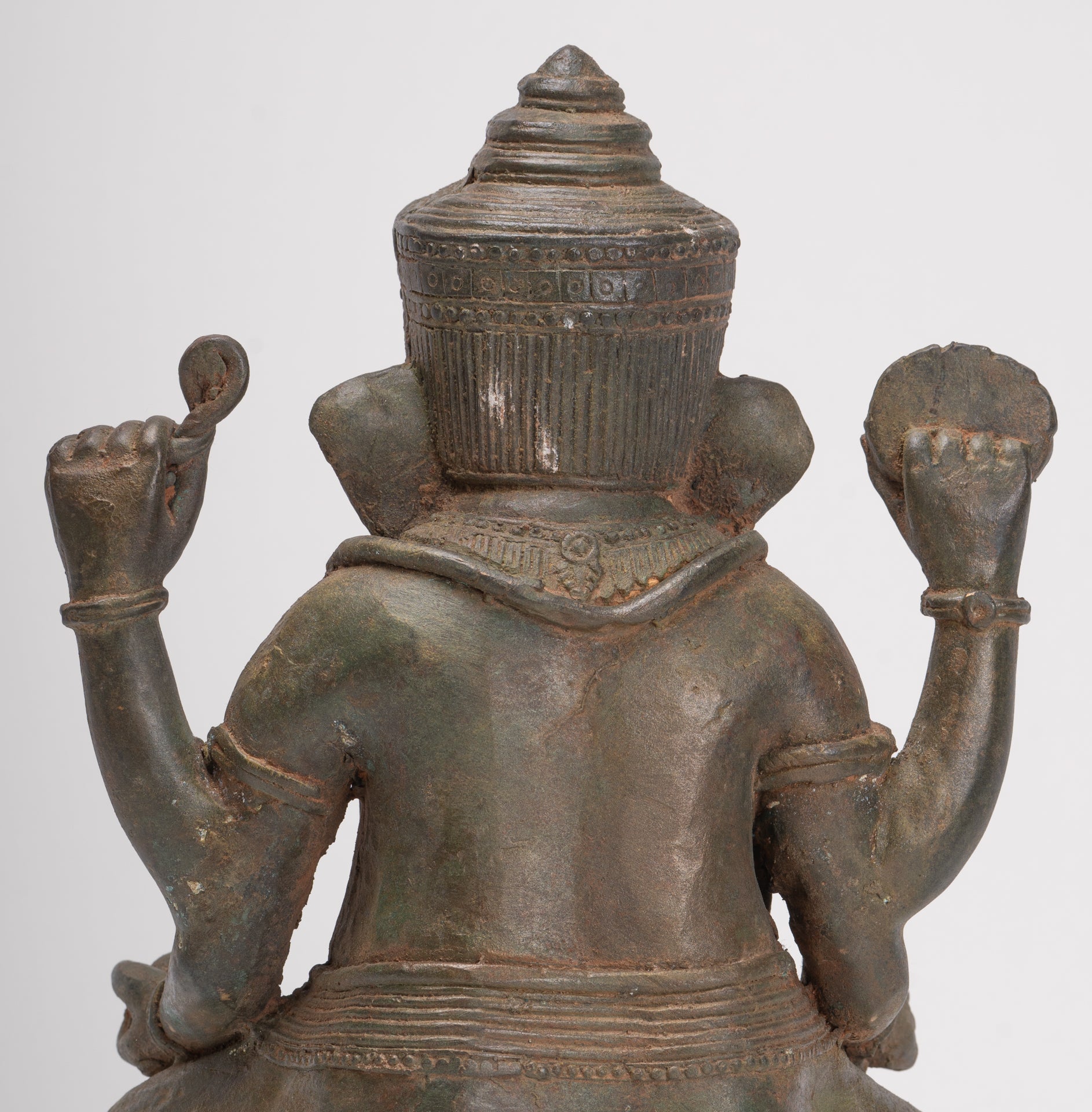 Antique Thai Style Bronze Seated Green 4-Arm Ganesha Statue - 31cm/12"