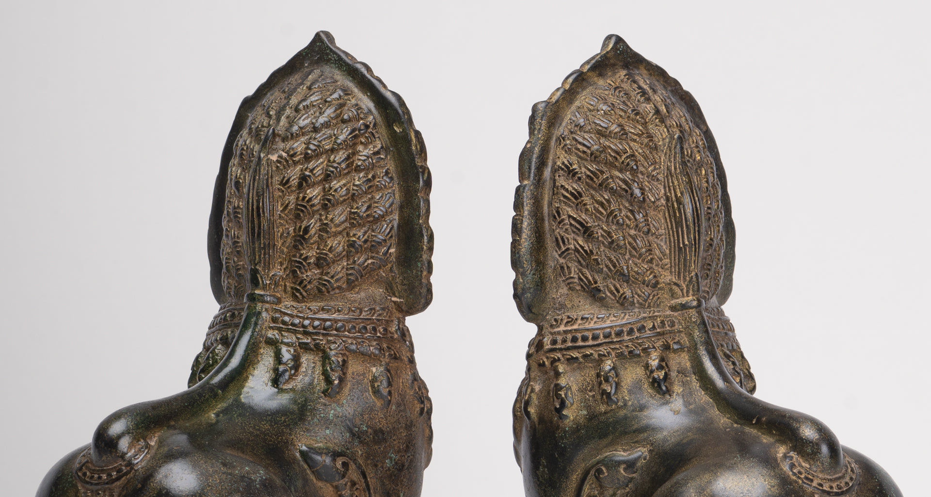 Temple Lions - Antique Khmer Style Bronze Standing Temple Guardian or Lions (Pair) - 21.5cm/9"