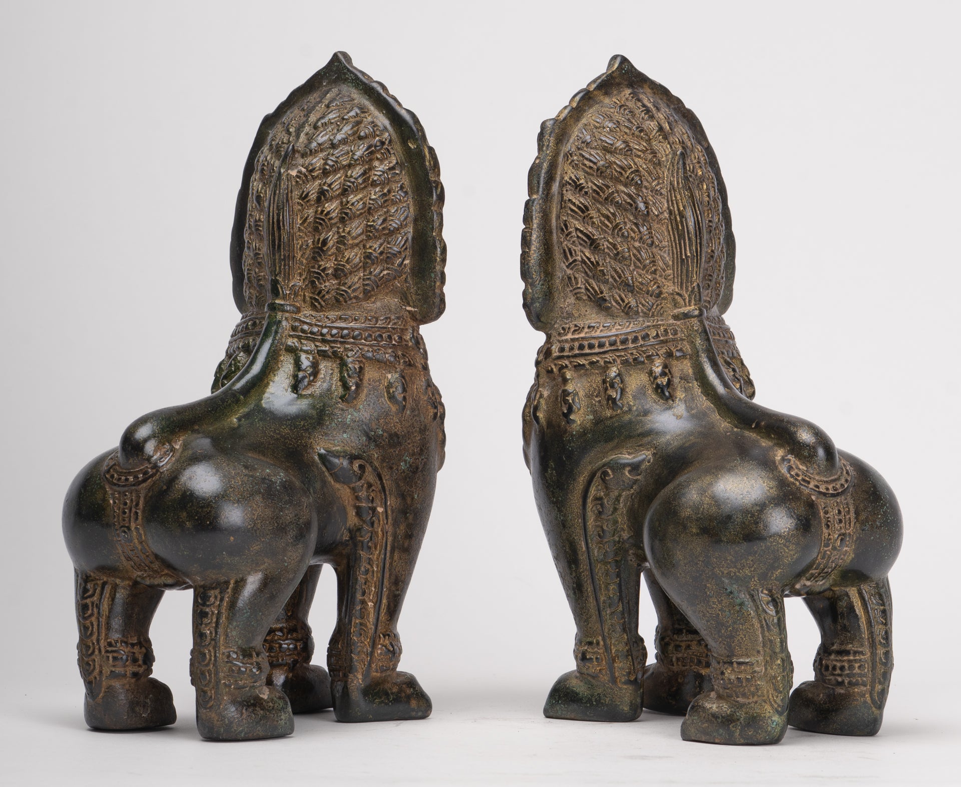 Temple Lions - Antique Khmer Style Bronze Standing Temple Guardian or Lions (Pair) - 21.5cm/9"