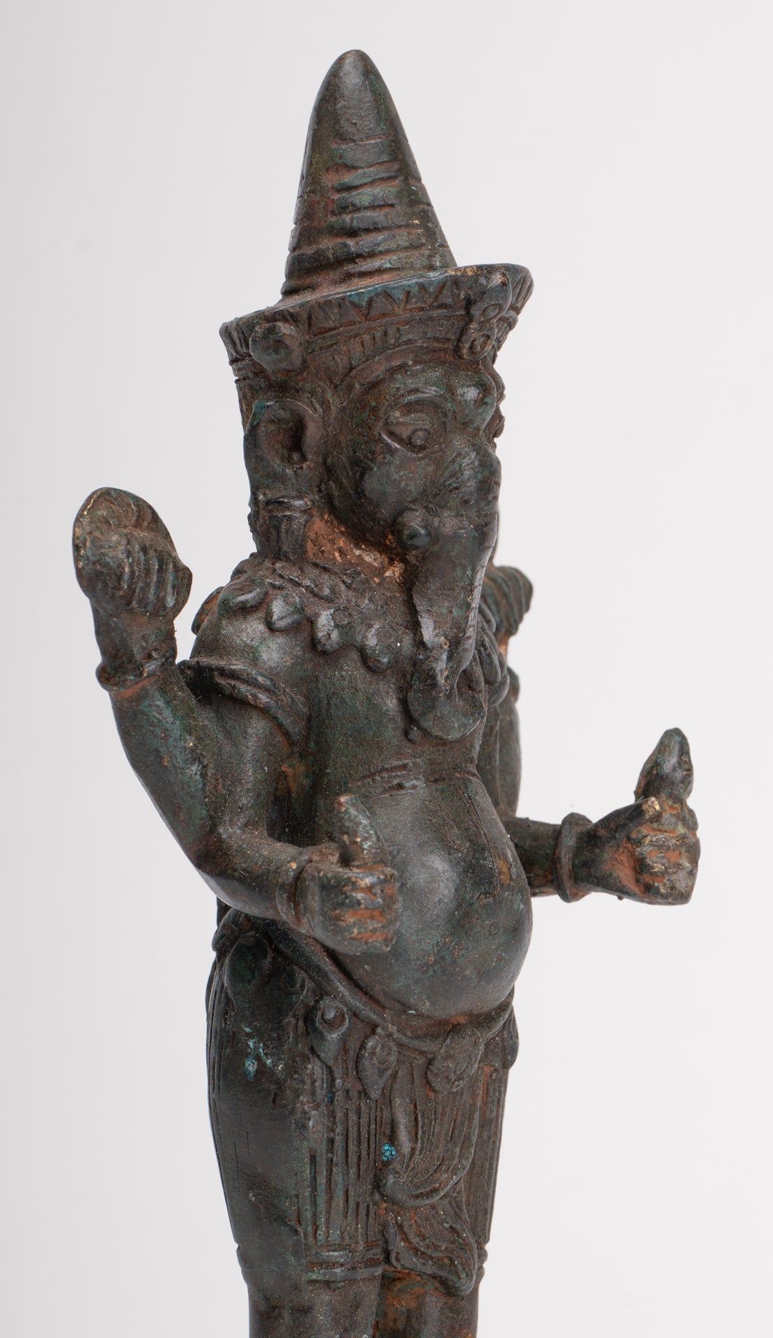 Ganesha Statue - Antique Thai Style Bronze Standing 4-Arm Ganesha Statue - 22.5cm/9"