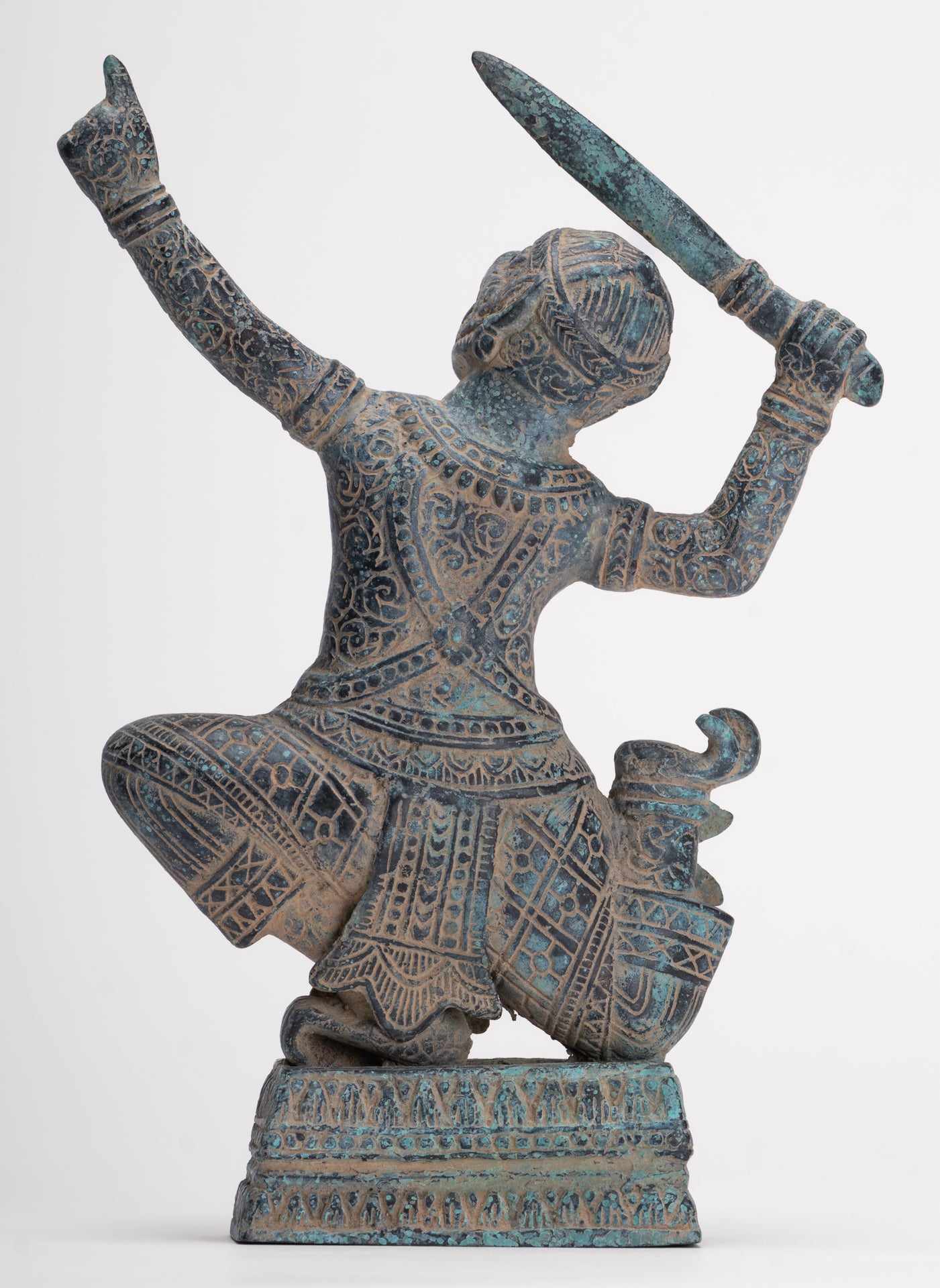 Antique Khmer Bayon Style Bronze Hanuman Warrior Statue – Sword-Bearing Monkey General - 23.5cm/9" Tall