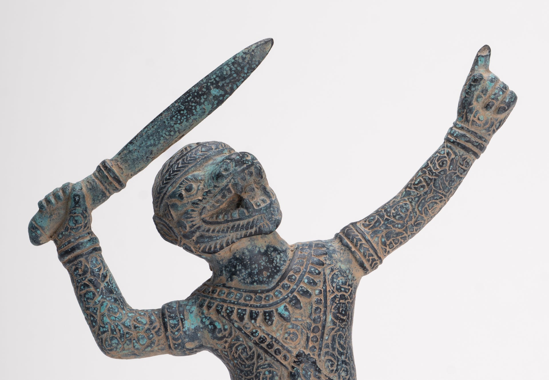 Antique Khmer Bayon Style Bronze Hanuman Warrior Statue – Sword-Bearing Monkey General - 23.5cm/9" Tall