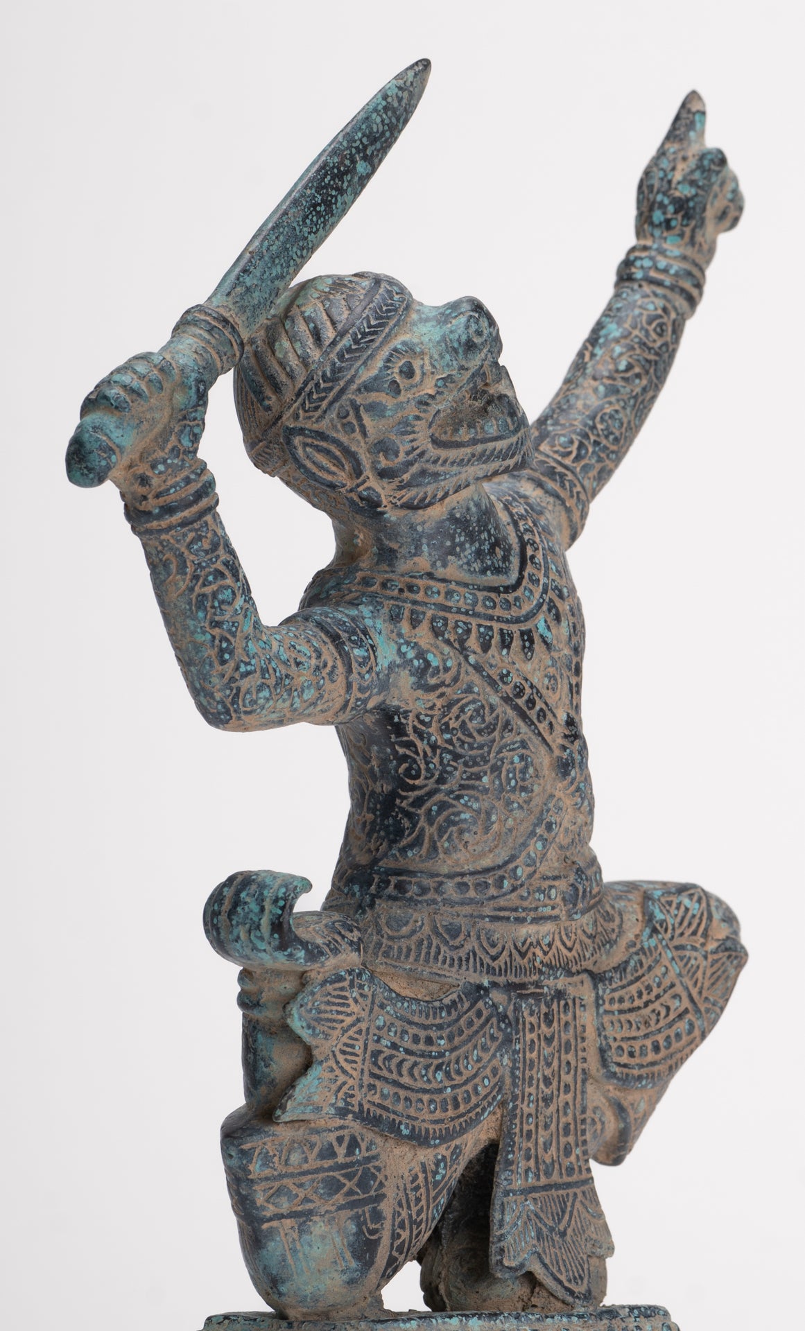 Antique Khmer Bayon Style Bronze Hanuman Warrior Statue – Sword-Bearing Monkey General - 23.5cm/9" Tall