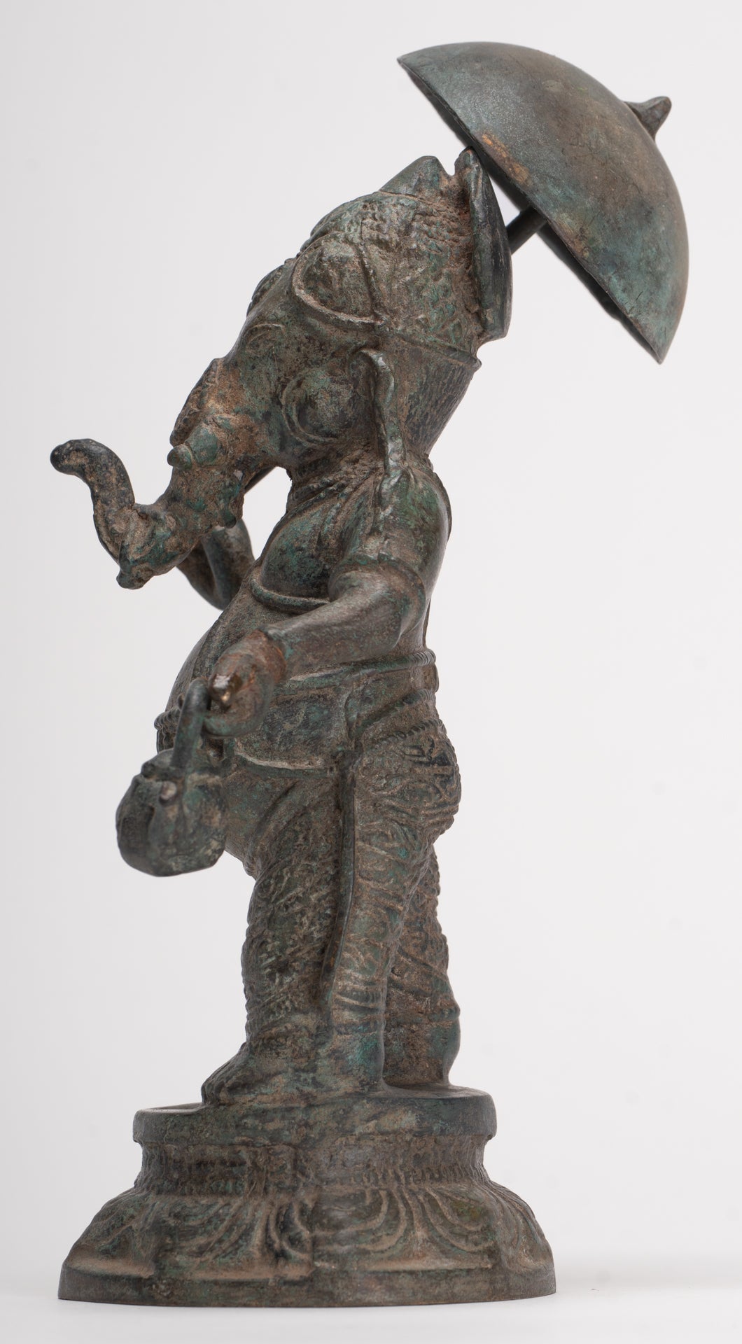 Antique Chola Style Standing Bronze Bridegroom or Mappillai Ganesha Statue w/Umbrella - 22cm/9"