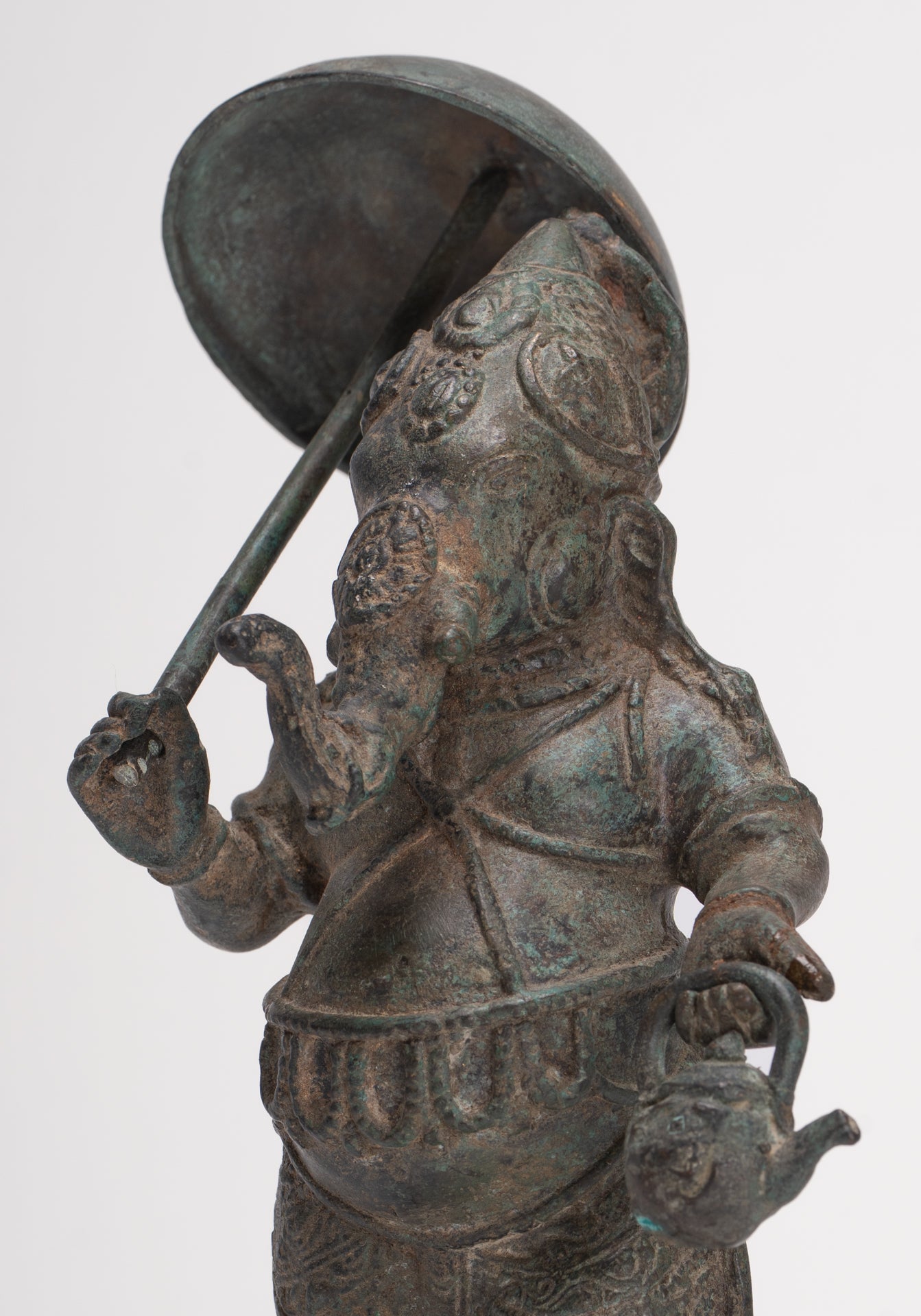 Antique Chola Style Standing Bronze Bridegroom or Mappillai Ganesha Statue w/Umbrella - 22cm/9"