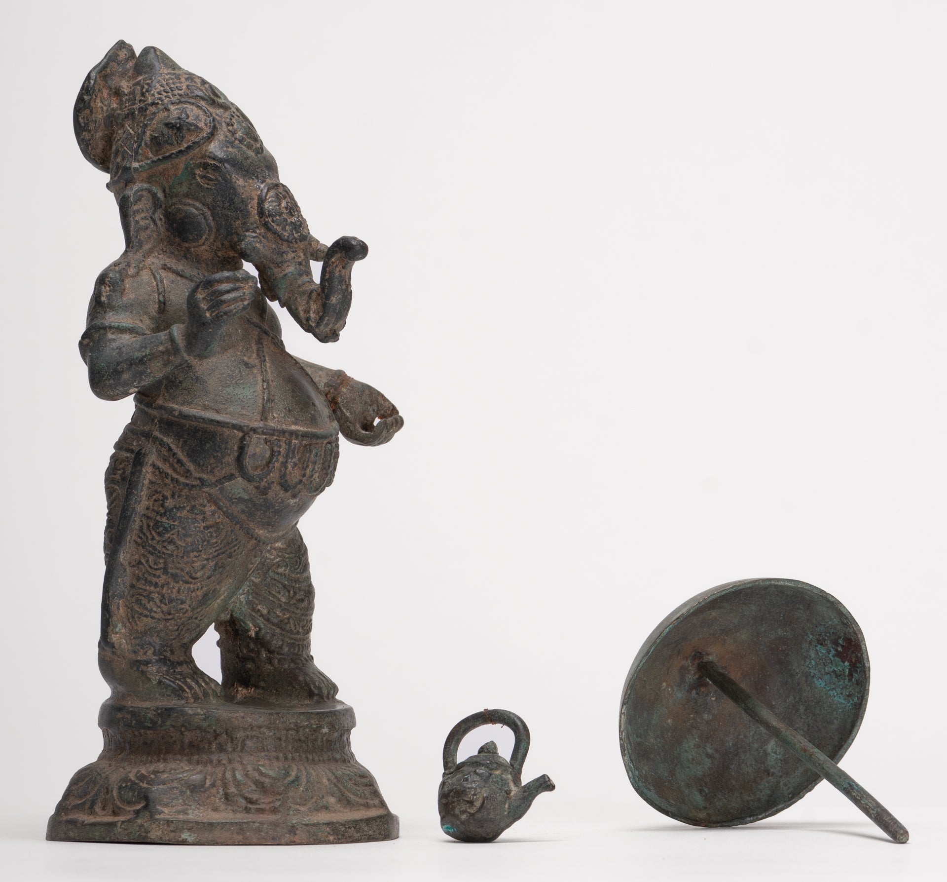 Antique Chola Style Standing Bronze Bridegroom or Mappillai Ganesha Statue w/Umbrella - 22cm/9"