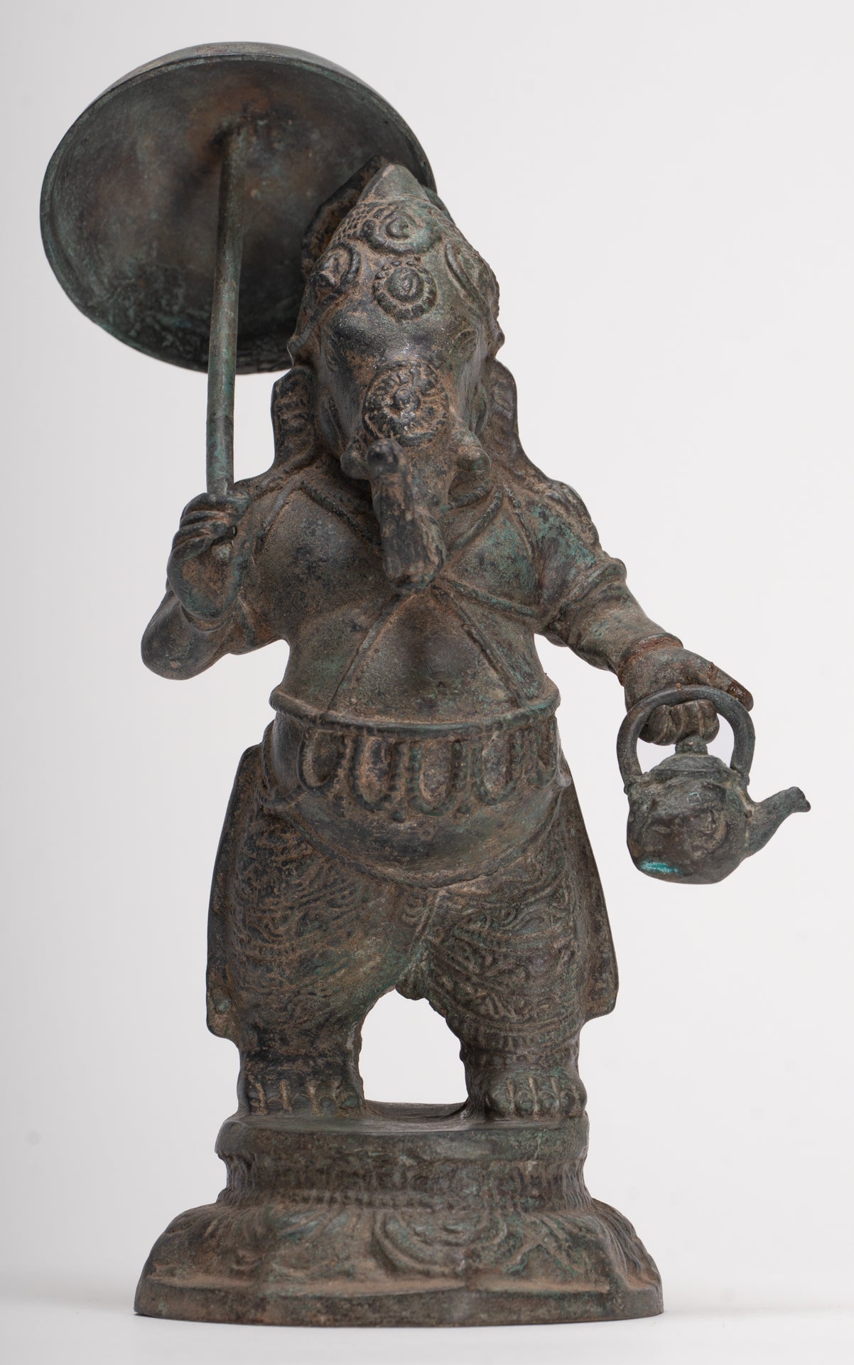 Antique Chola Style Standing Bronze Bridegroom or Mappillai Ganesha Statue w/Umbrella - 22cm/9"