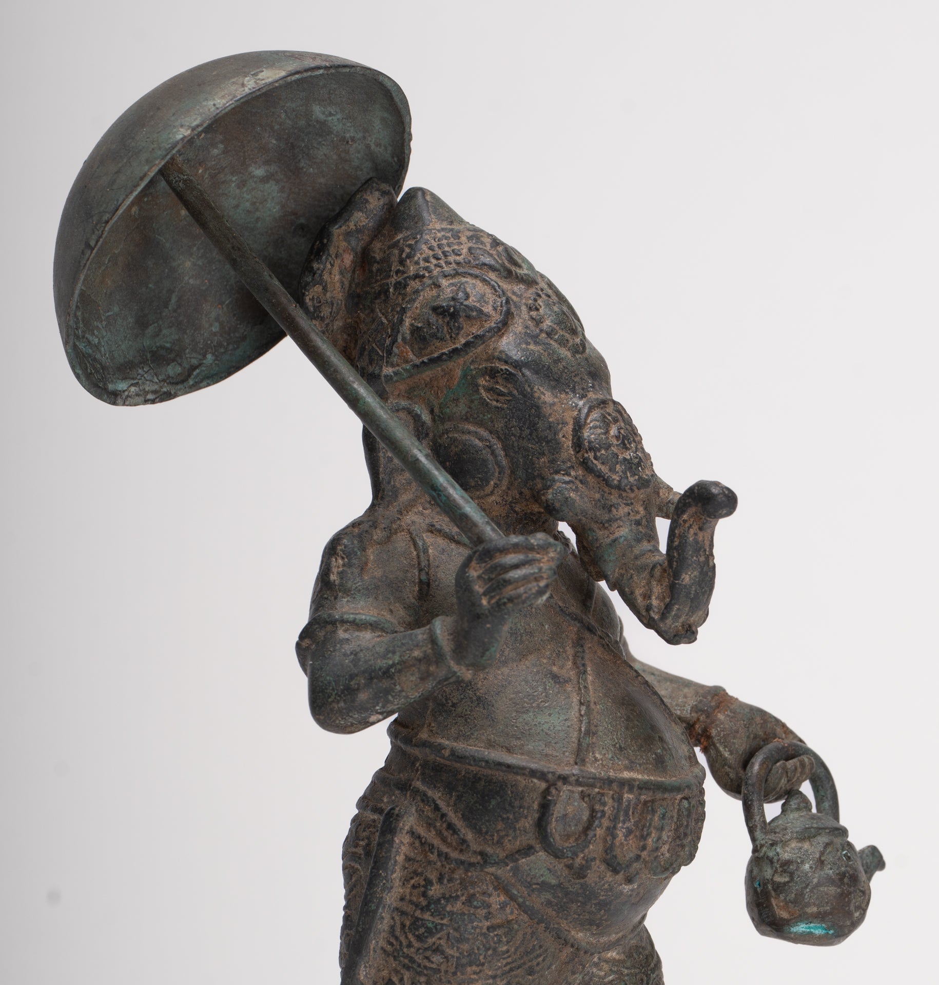 Antique Chola Style Standing Bronze Bridegroom or Mappillai Ganesha Statue w/Umbrella - 22cm/9"
