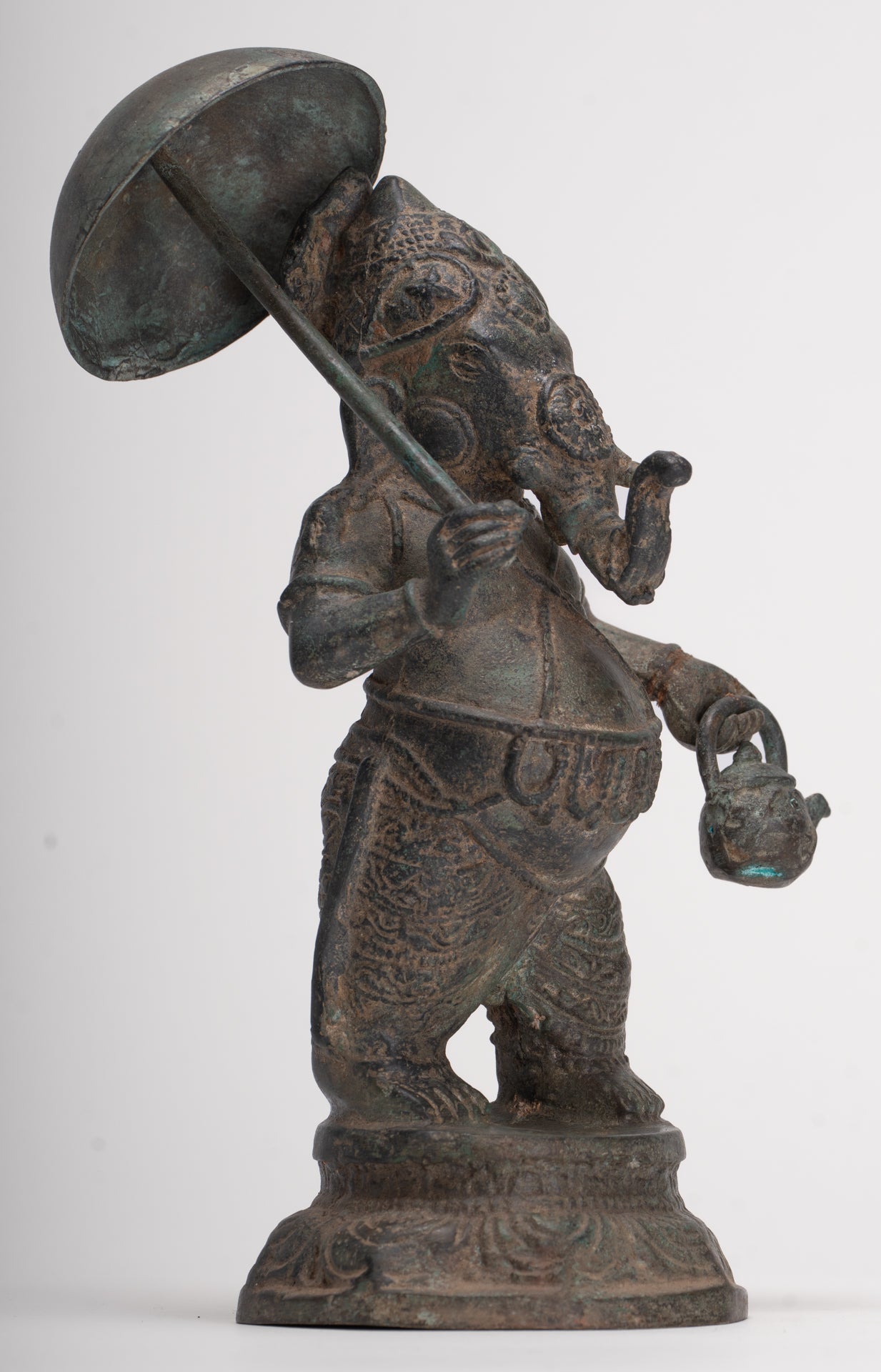 Antique Chola Style Standing Bronze Bridegroom or Mappillai Ganesha Statue w/Umbrella - 22cm/9"