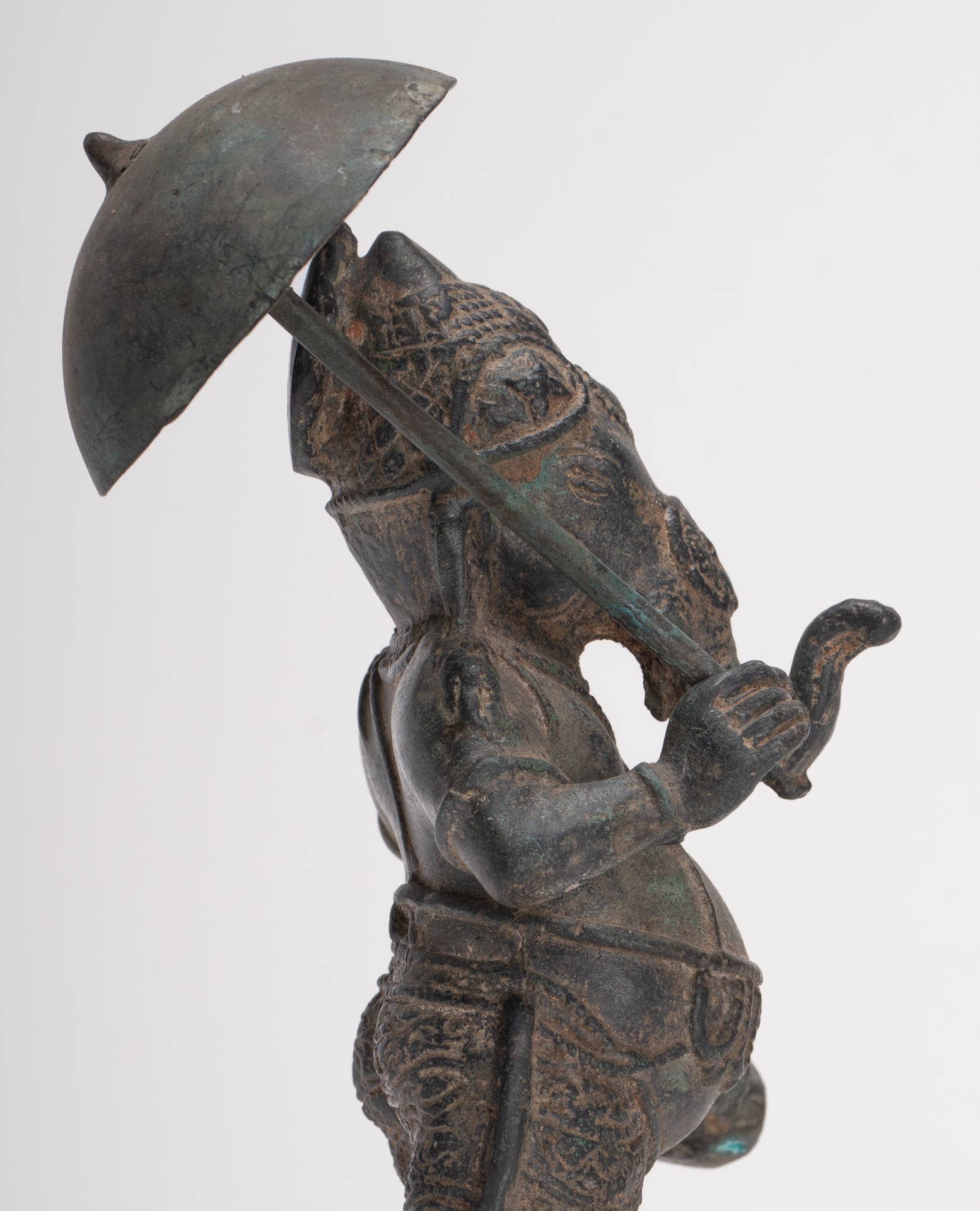 Antique Chola Style Standing Bronze Bridegroom or Mappillai Ganesha Statue w/Umbrella - 22cm/9"