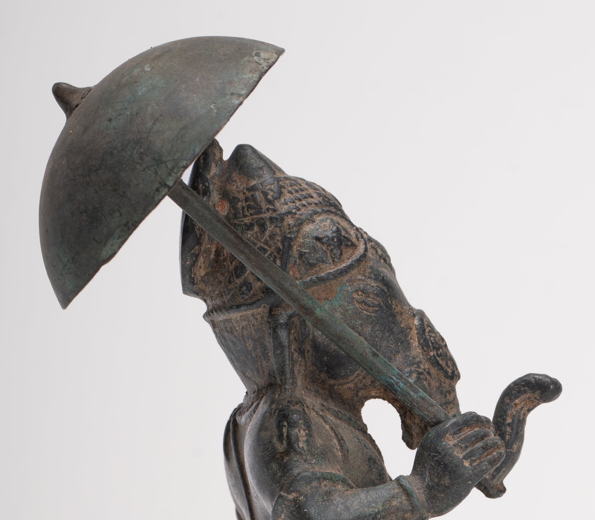 Antique Chola Style Standing Bronze Bridegroom or Mappillai Ganesha Statue w/Umbrella - 22cm/9"