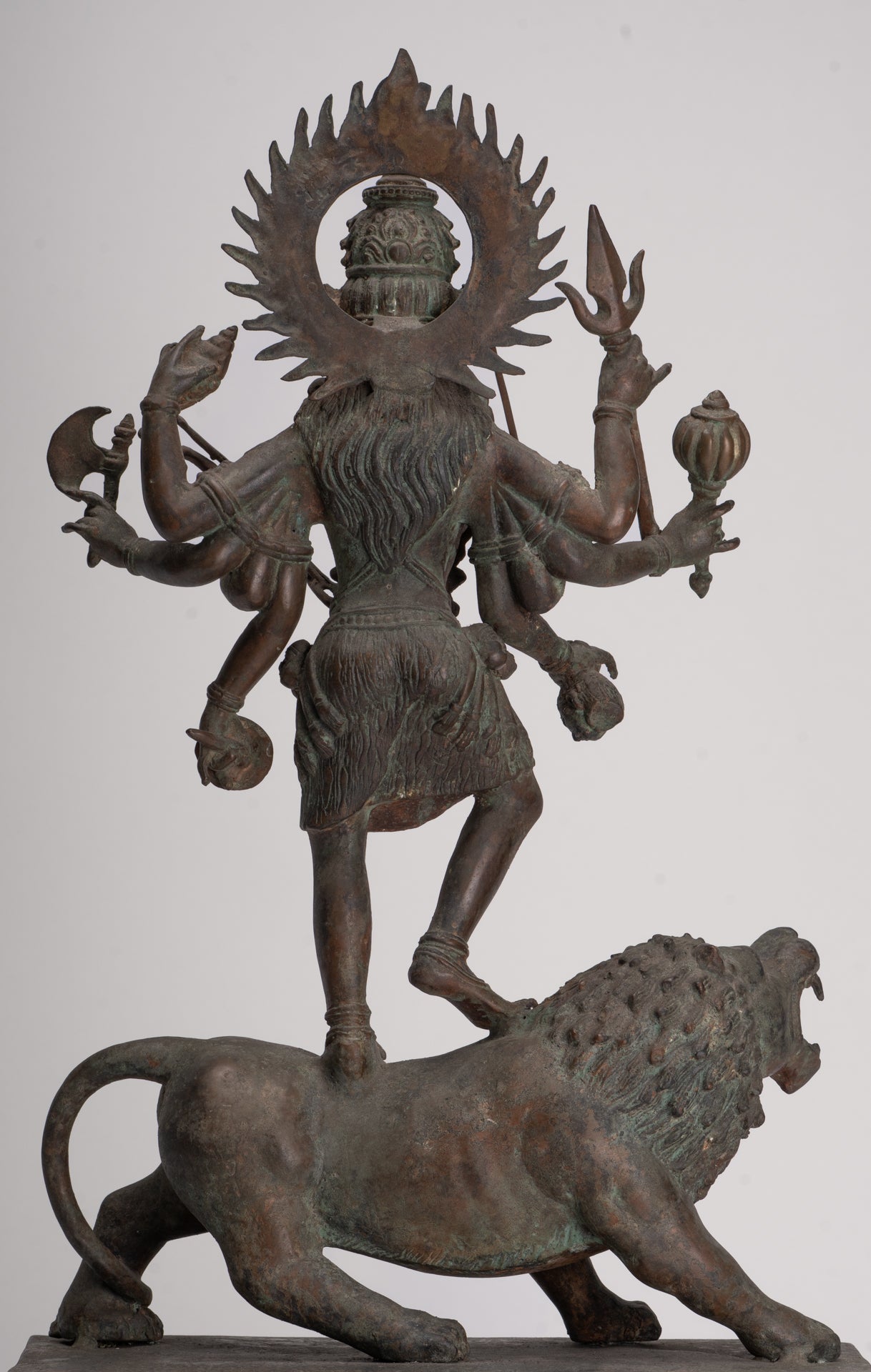 Kali Statue - Antique Java Style Majapahit Bronze Kali Statue on Roaring Lion - 54.5cm/22"