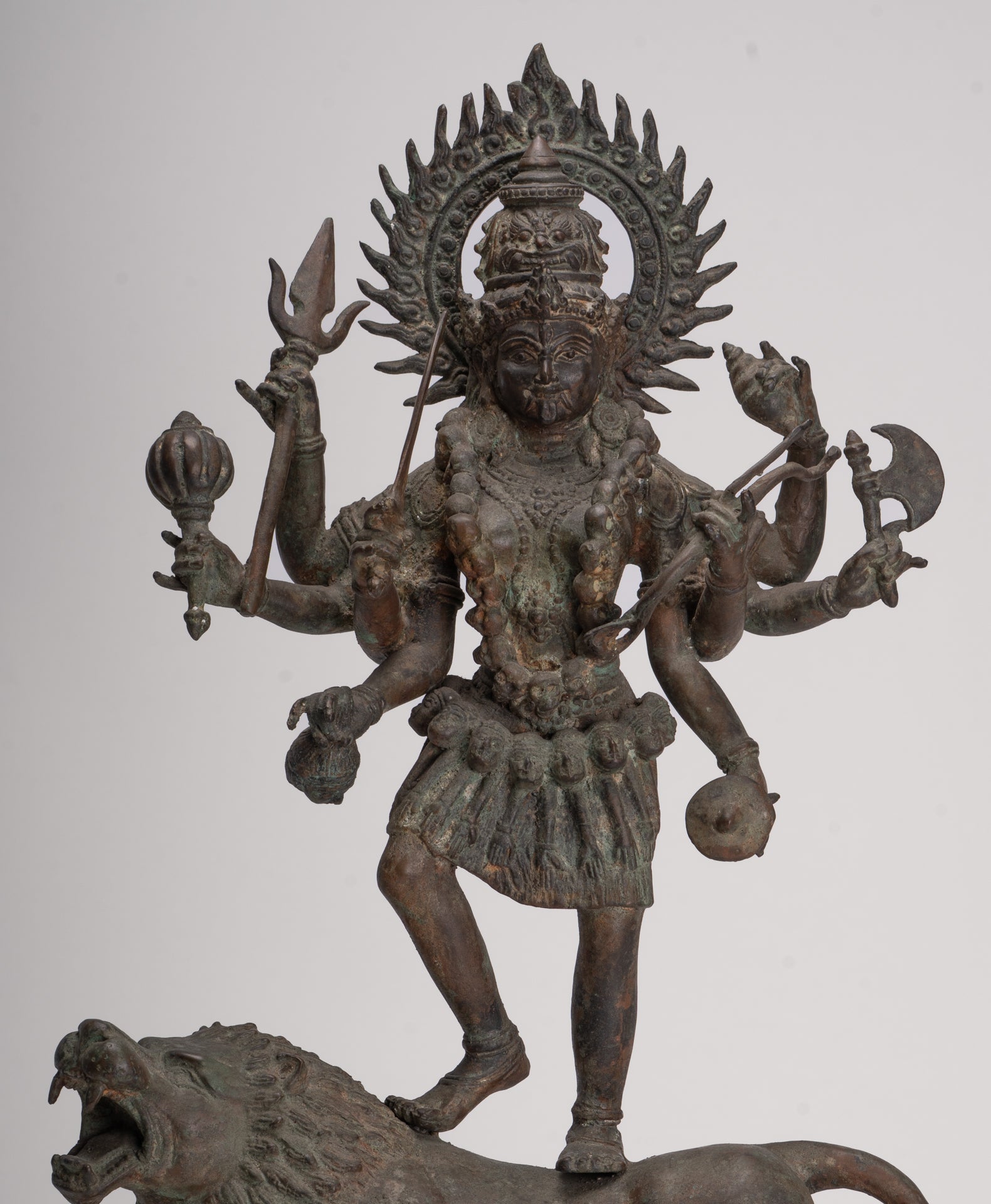 Kali Statue - Antique Java Style Majapahit Bronze Kali Statue on Roaring Lion - 54.5cm/22"