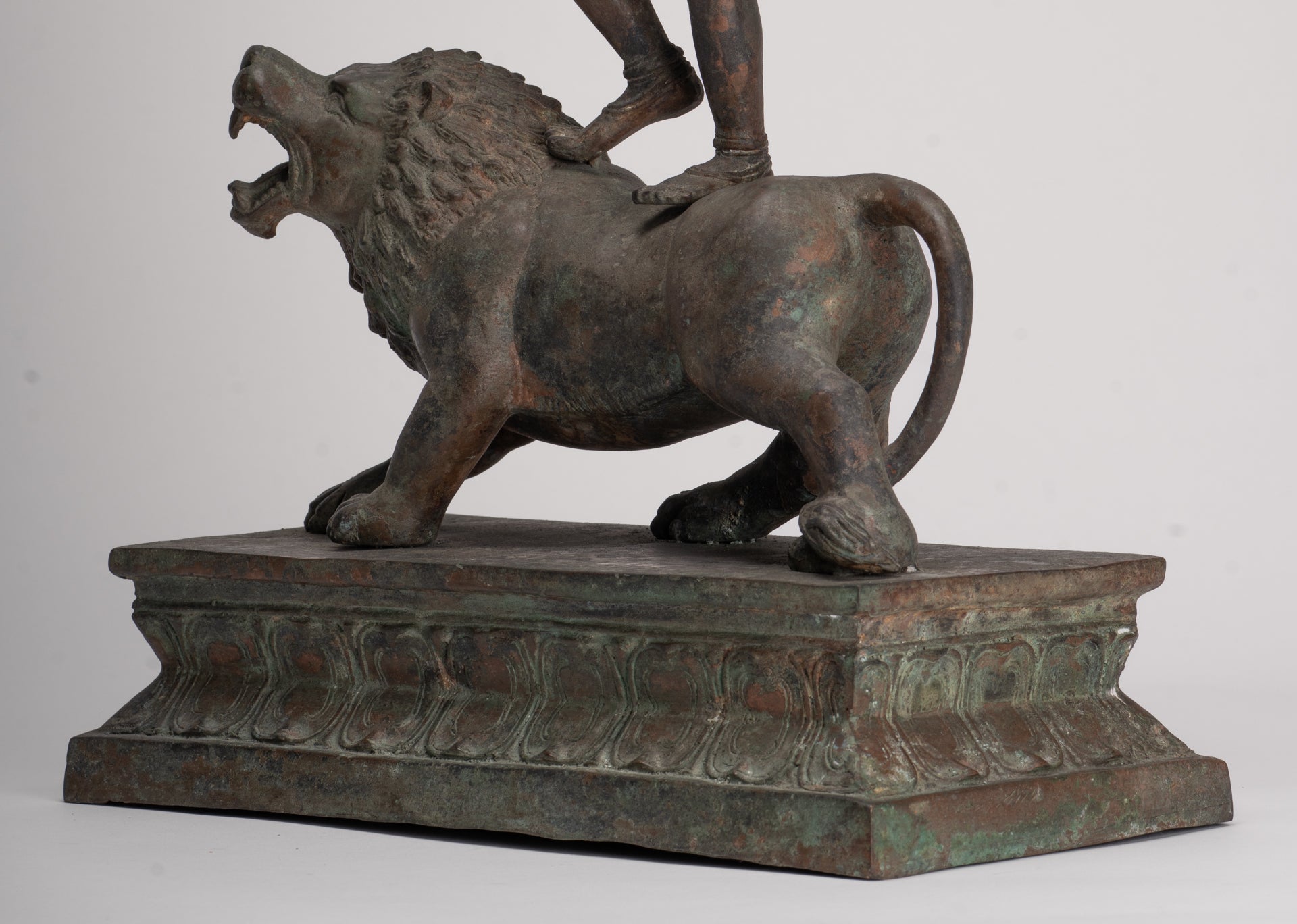 Kali Statue - Antique Java Style Majapahit Bronze Kali Statue on Roaring Lion - 54.5cm/22"