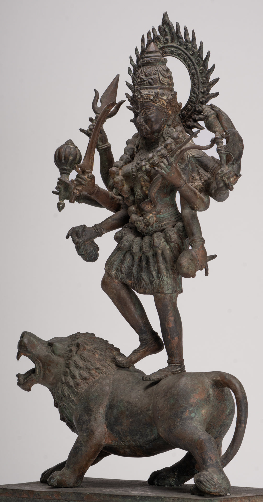 Kali Statue - Antique Java Style Majapahit Bronze Kali Statue on Roaring Lion - 54.5cm/22"