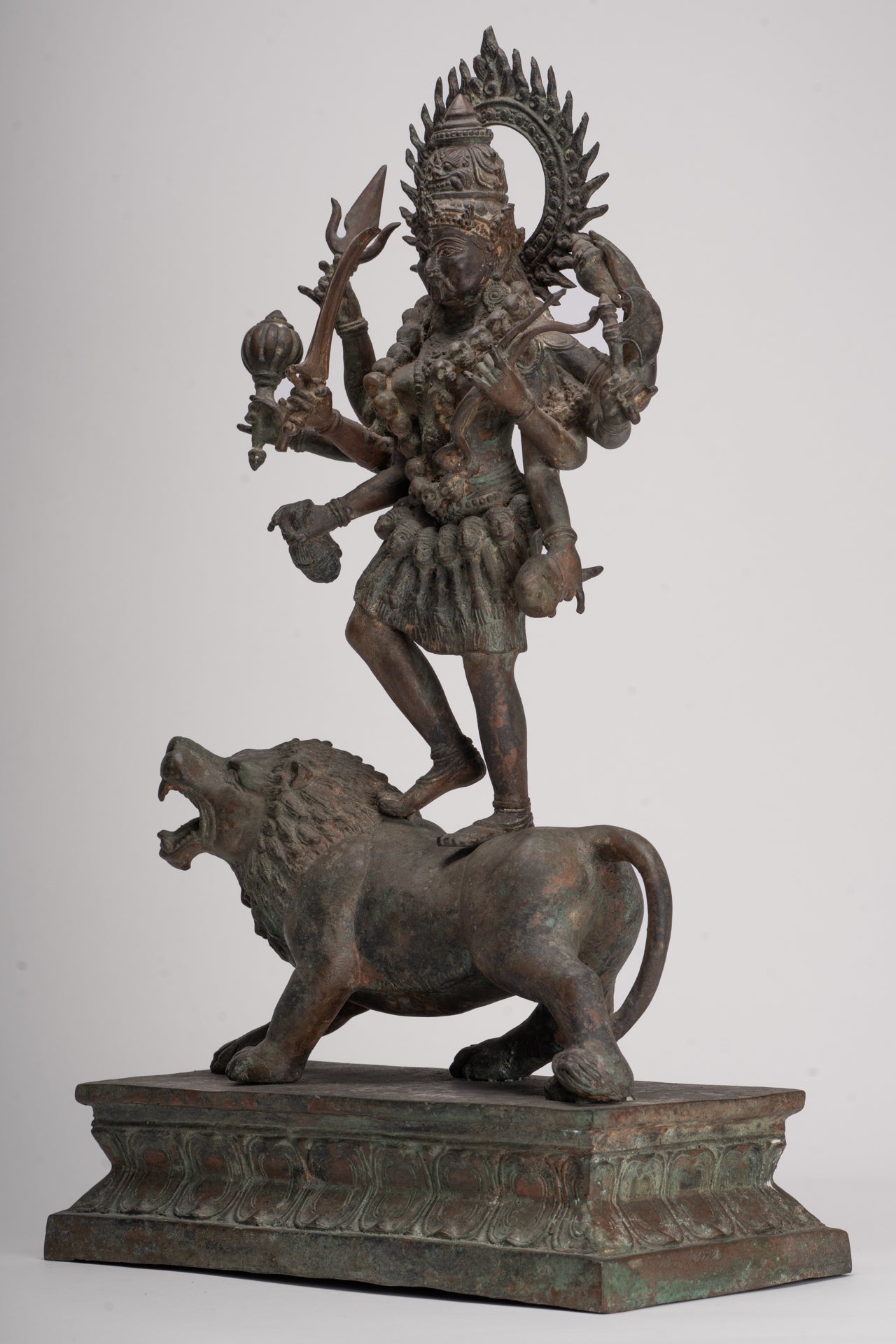Kali Statue - Antique Java Style Majapahit Bronze Kali Statue on Roaring Lion - 54.5cm/22"
