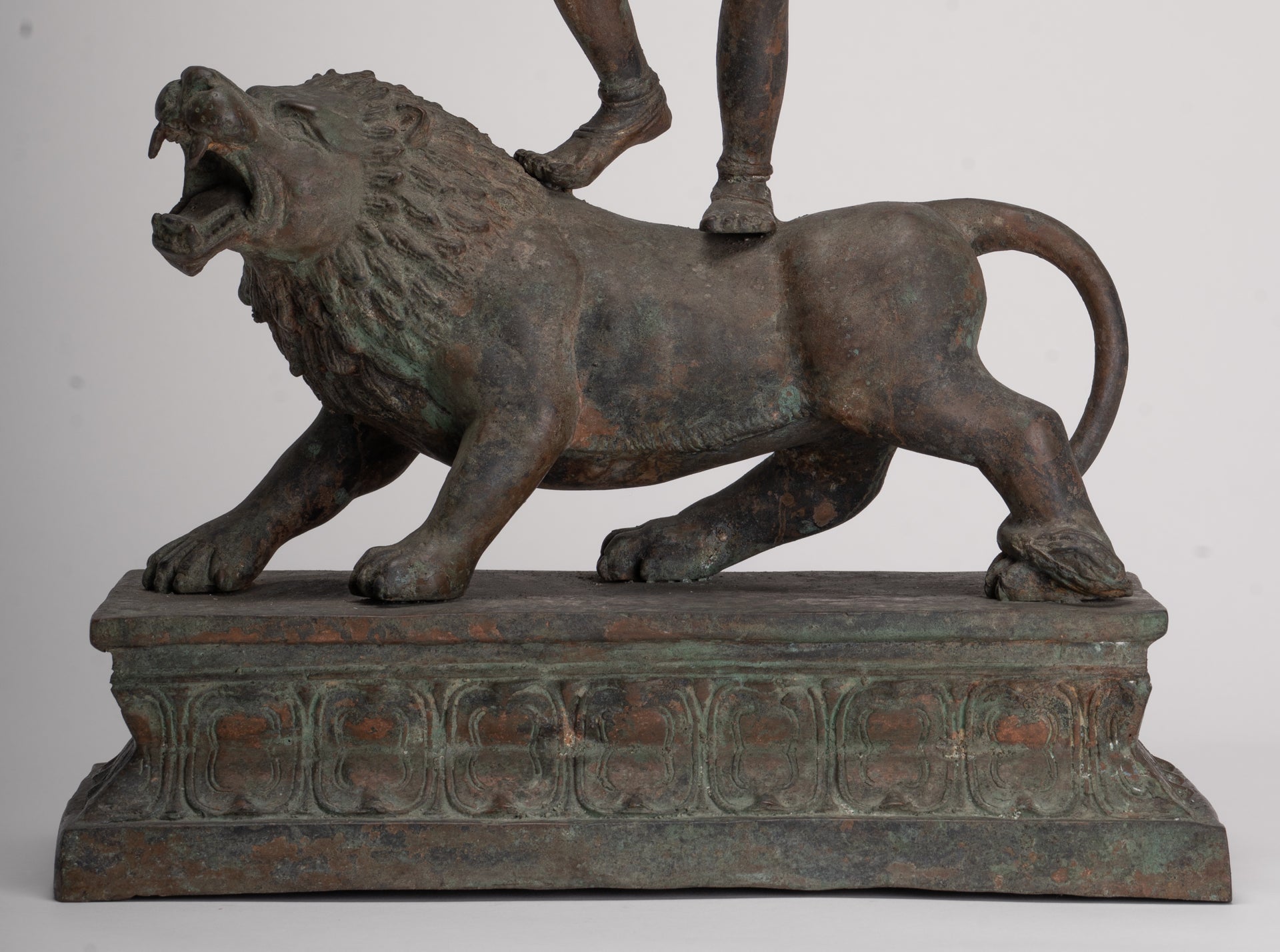 Kali Statue - Antique Java Style Majapahit Bronze Kali Statue on Roaring Lion - 54.5cm/22"