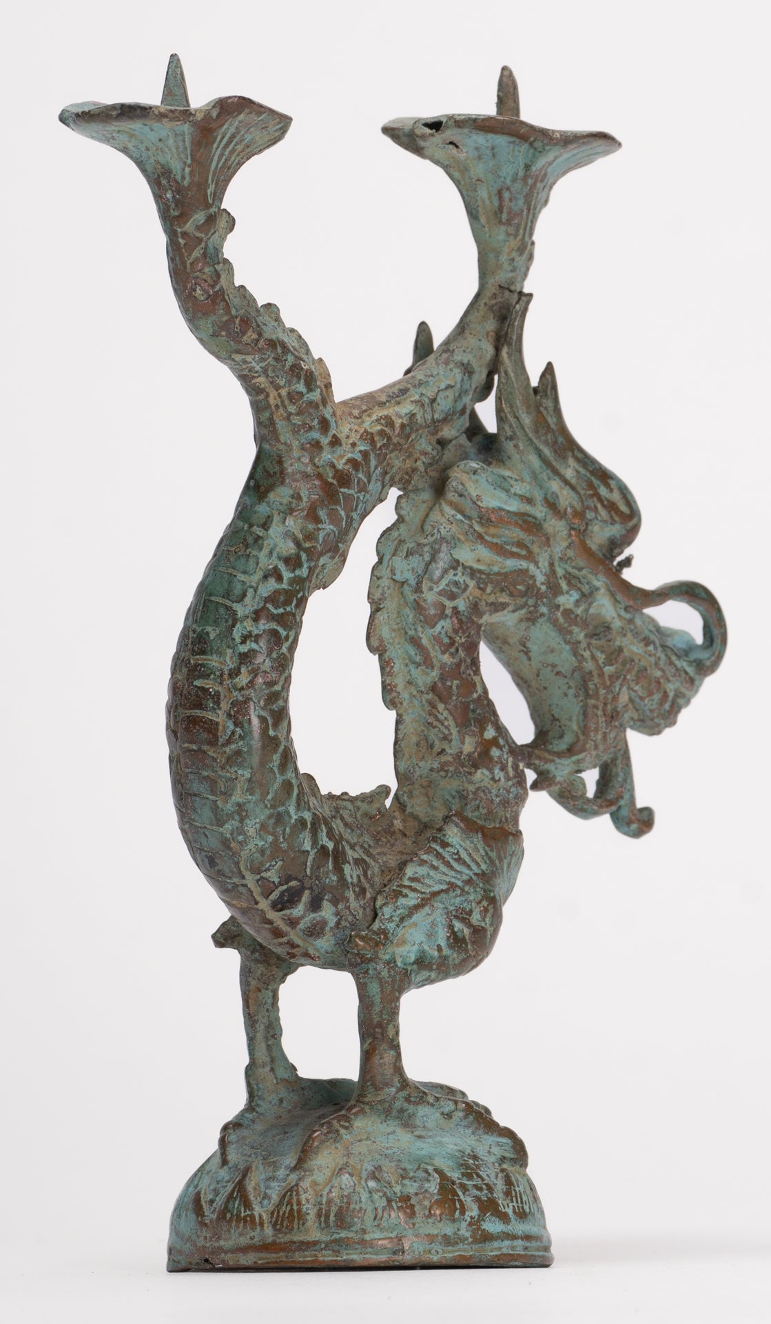 Antique Chinese Style Bronze Dragon Candle Holder - 17.5cm/7"