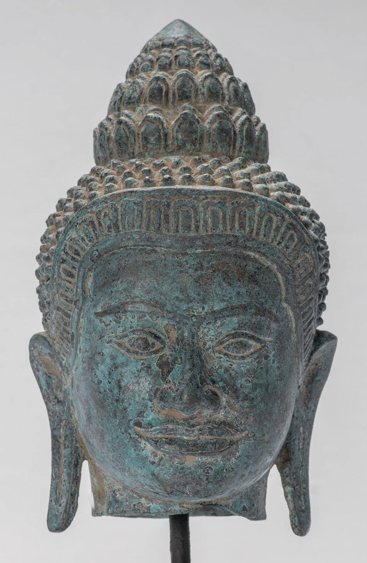 Buddha Statue - Antique Khmer Style Mounted Bronze Baphuon Buddha Head Statue - 29cm/12"