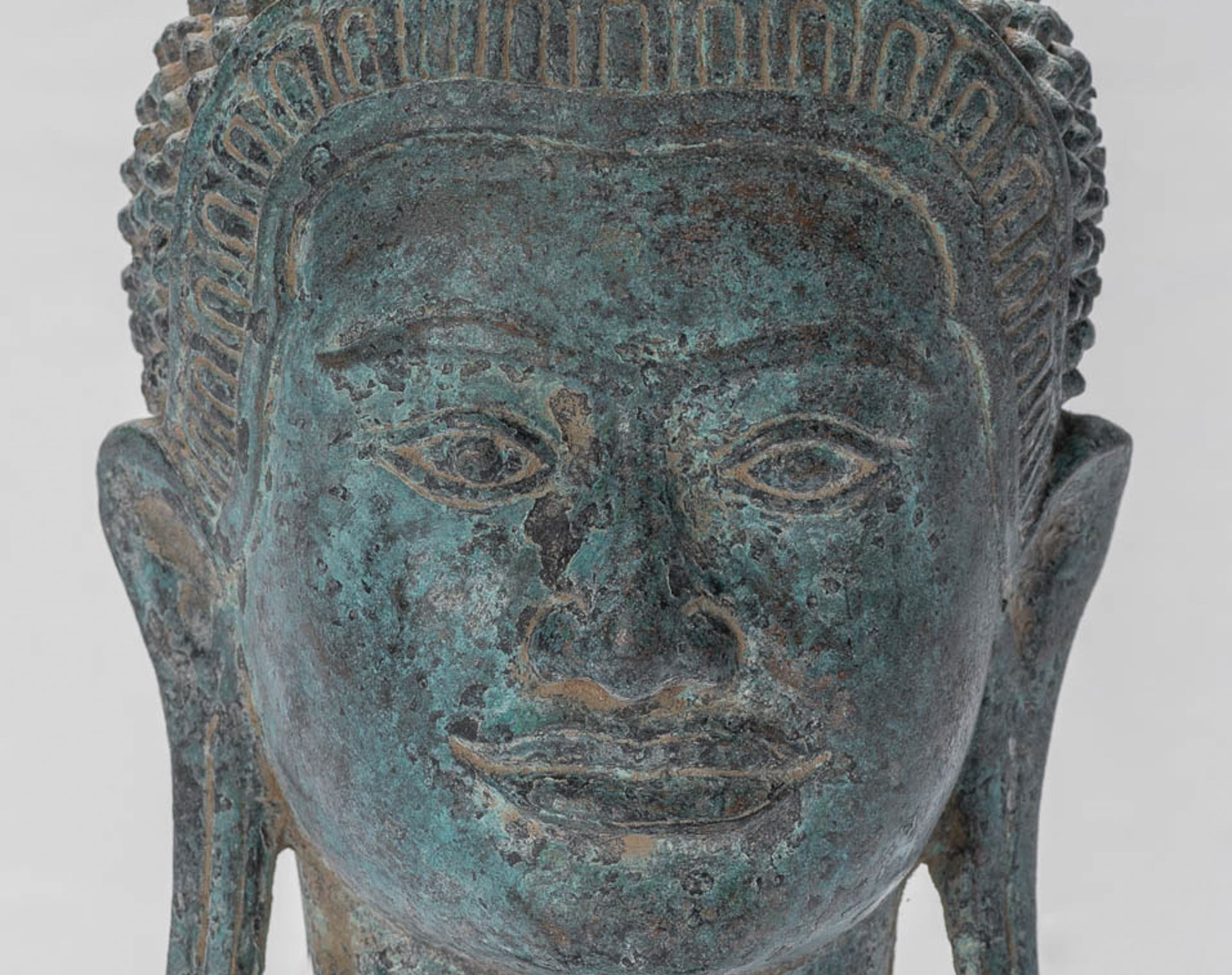 Buddha Statue - Antique Khmer Style Mounted Bronze Baphuon Buddha Head Statue - 29cm/12"