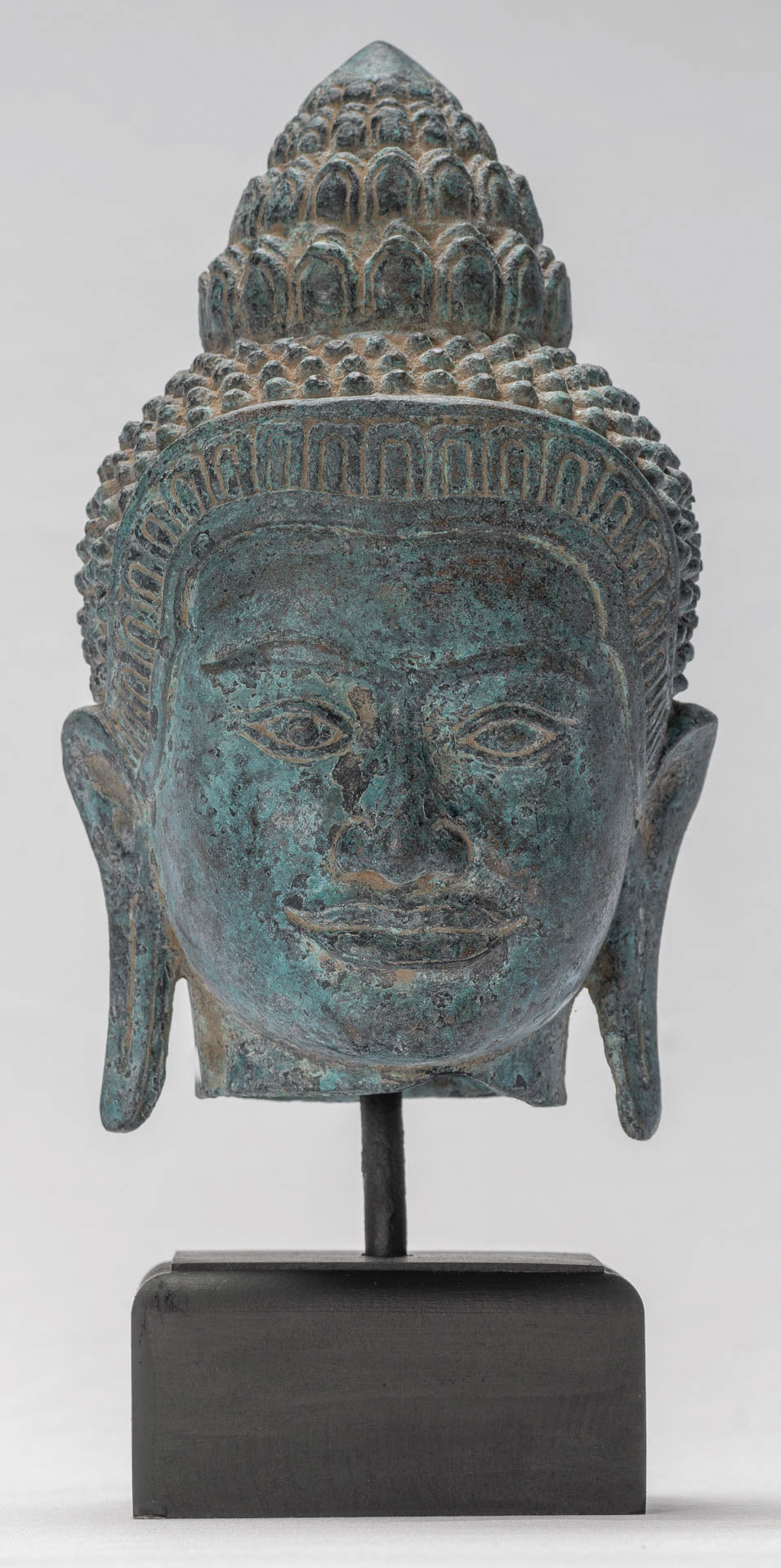 Buddha Statue - Antique Khmer Style Mounted Bronze Baphuon Buddha Head Statue - 29cm/12"