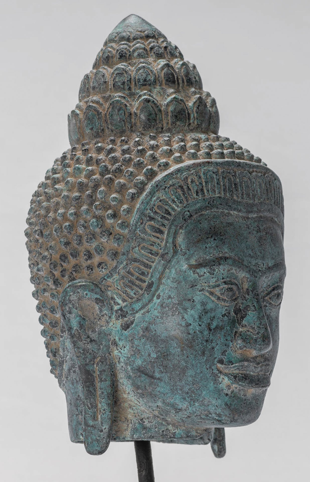 Buddha Statue - Antique Khmer Style Mounted Bronze Baphuon Buddha Head Statue - 29cm/12"