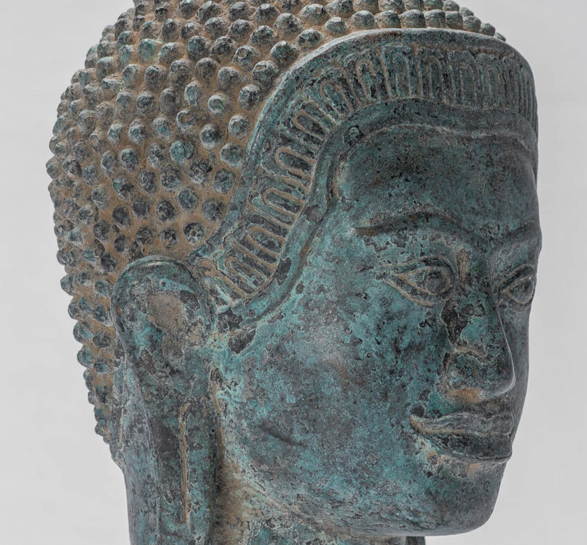 Buddha Statue - Antique Khmer Style Mounted Bronze Baphuon Buddha Head Statue - 29cm/12"