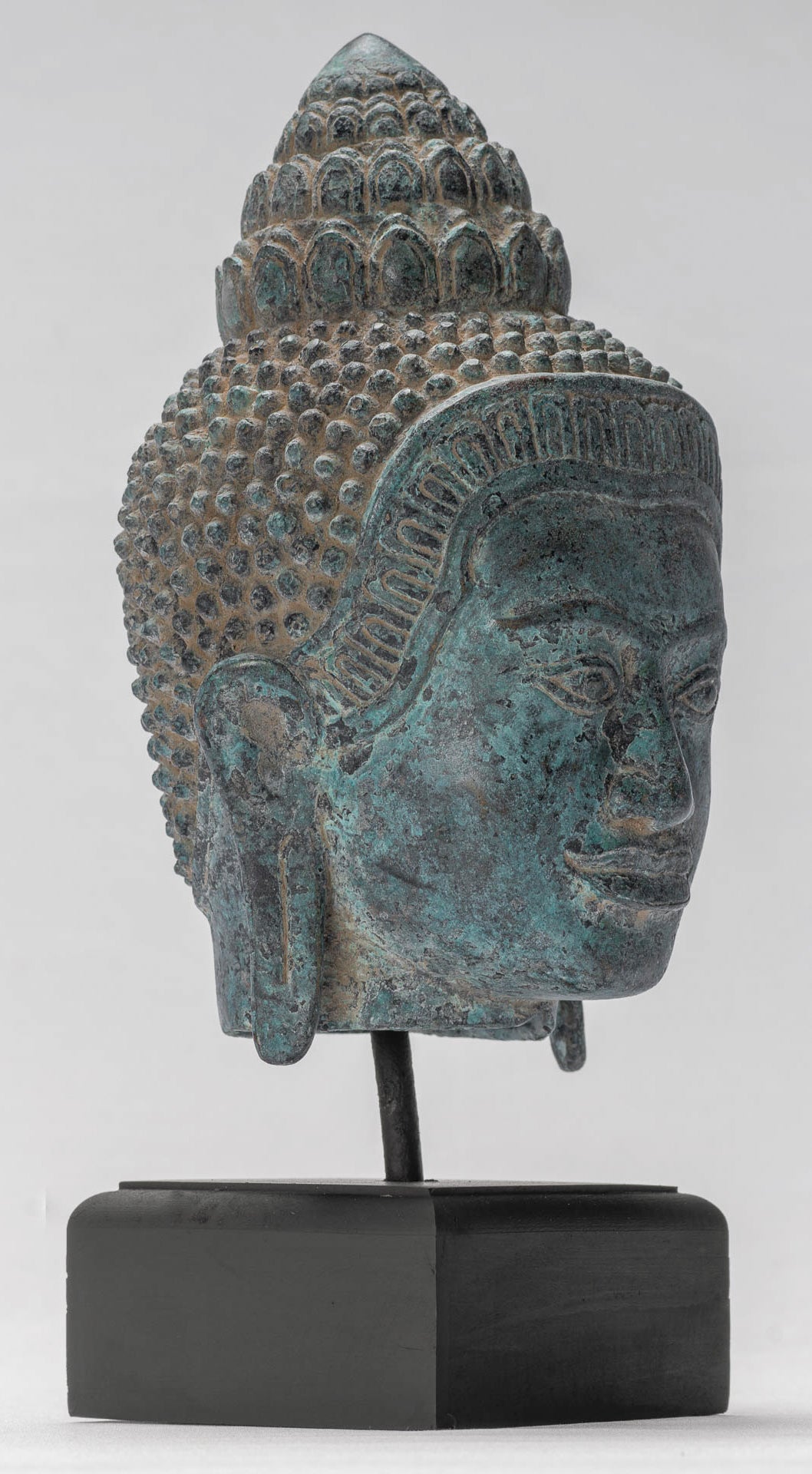 Buddha Statue - Antique Khmer Style Mounted Bronze Baphuon Buddha Head Statue - 29cm/12"