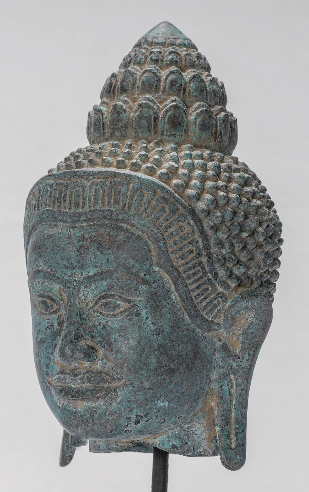 Buddha Statue - Antique Khmer Style Mounted Bronze Baphuon Buddha Head Statue - 29cm/12"