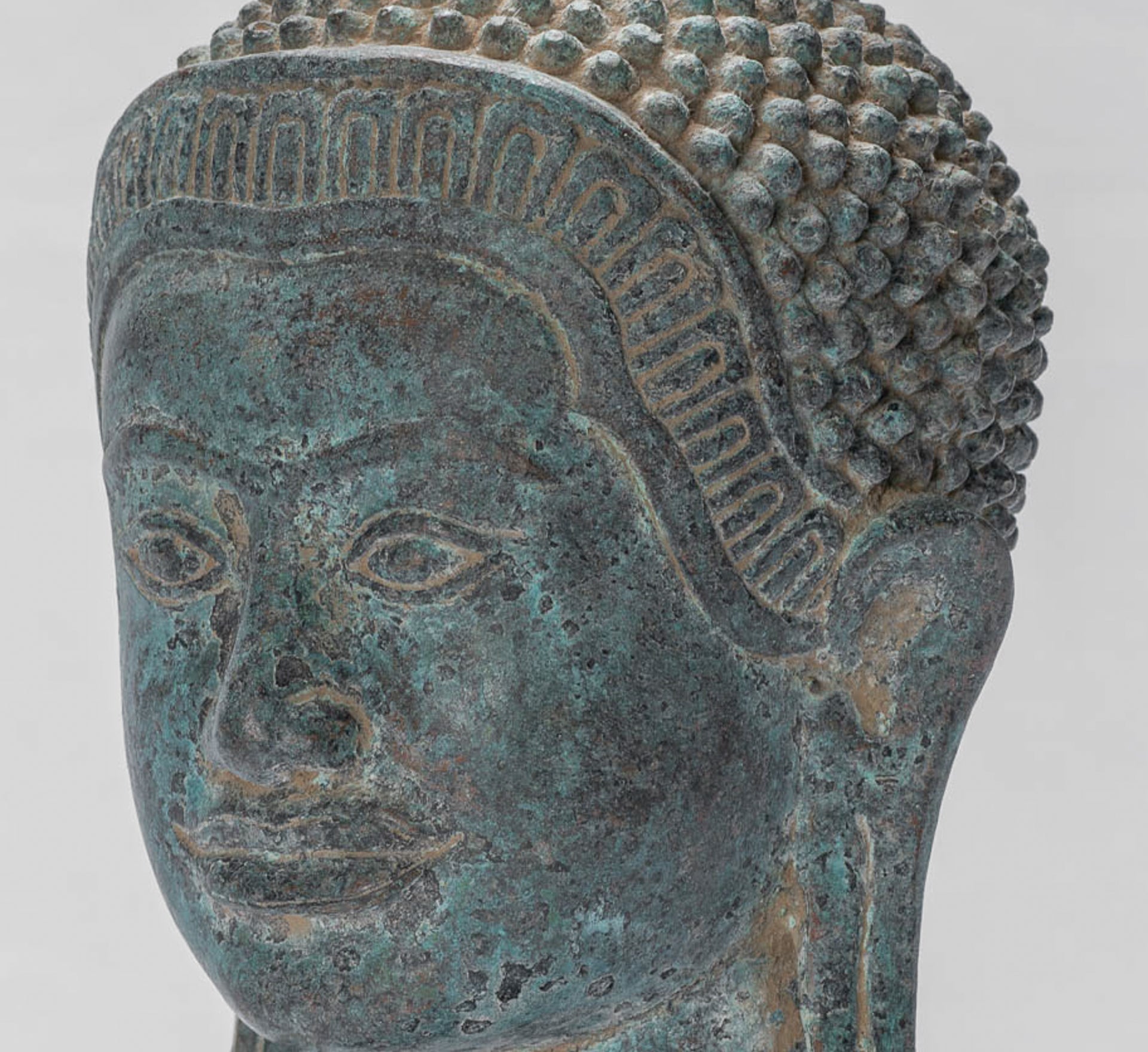 Buddha Statue - Antique Khmer Style Mounted Bronze Baphuon Buddha Head Statue - 29cm/12"