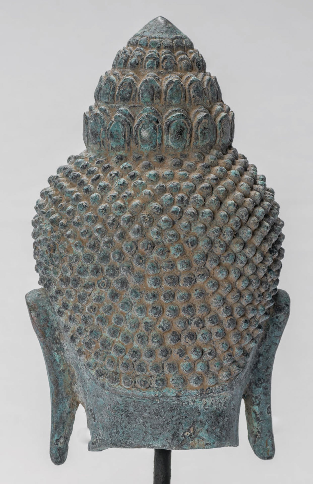 Buddha Statue - Antique Khmer Style Mounted Bronze Baphuon Buddha Head Statue - 29cm/12"