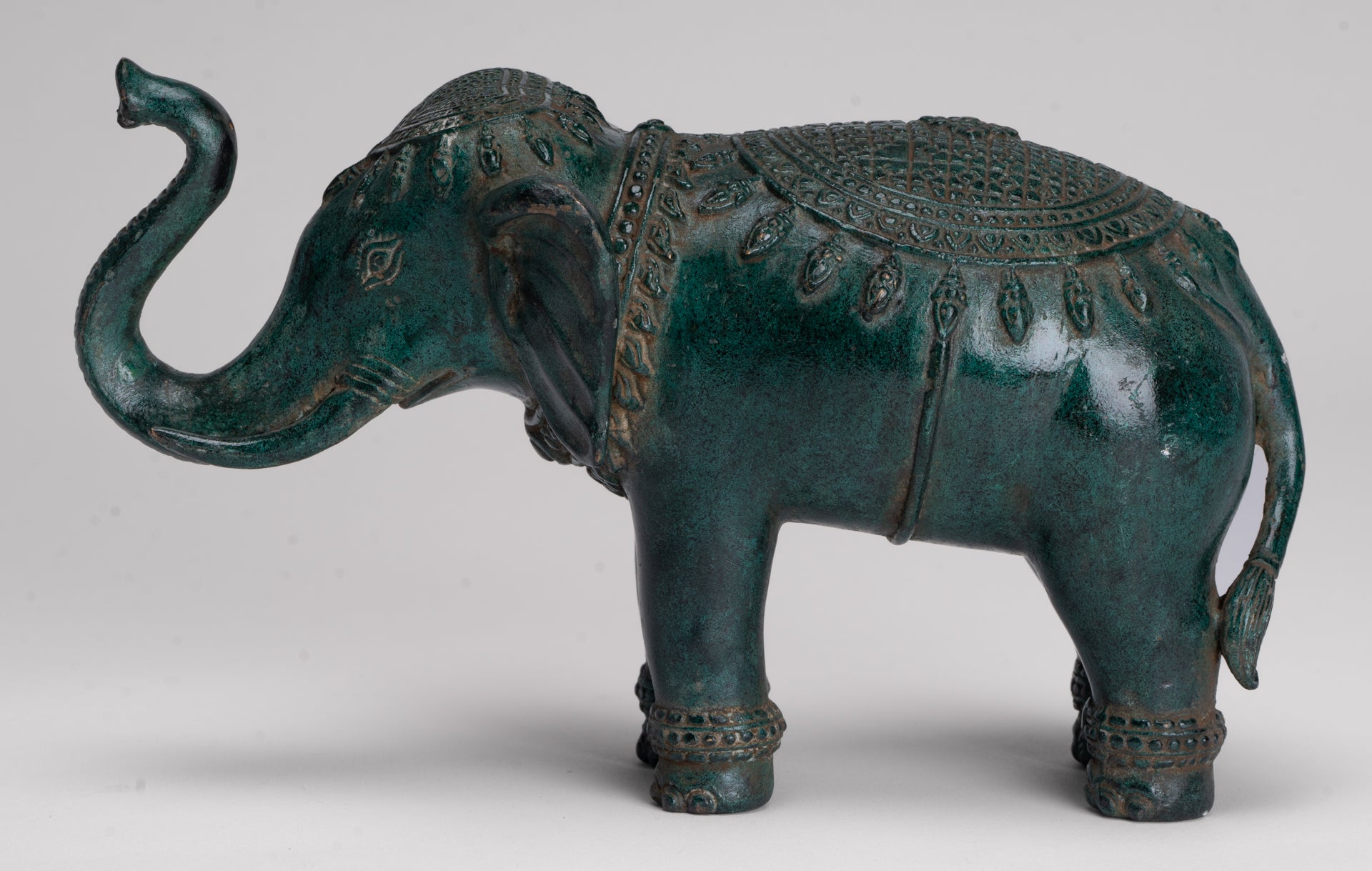Antique Khmer Style Bronze Trumpeting Elephant Statue - 24cm/10" Long