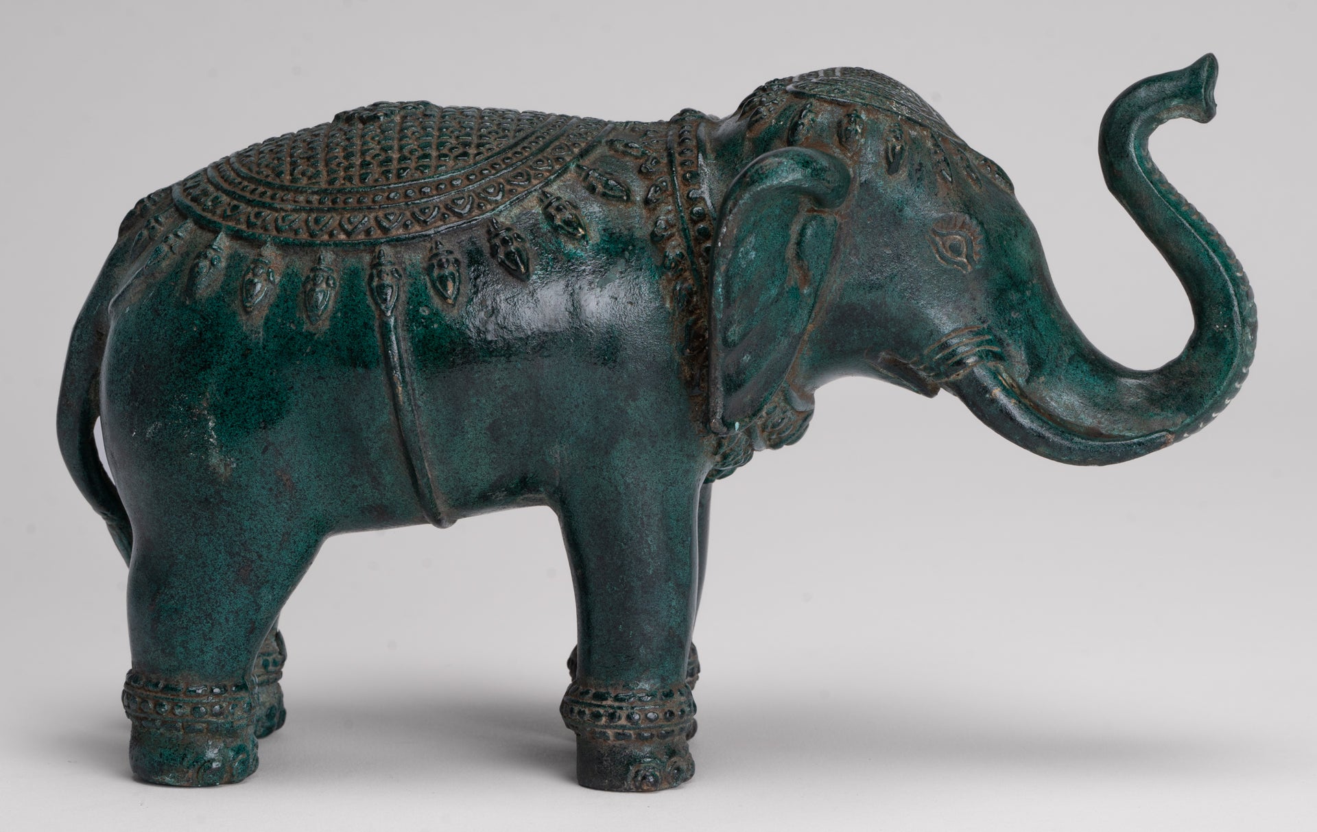 Antique Khmer Style Bronze Trumpeting Elephant Statue - 24cm/10" Long