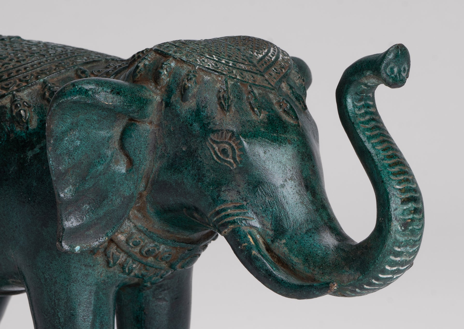 Antique Khmer Style Bronze Trumpeting Elephant Statue - 24cm/10" Long
