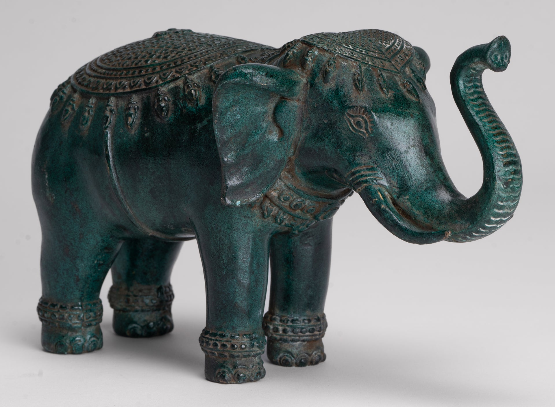 Antique Khmer Style Bronze Trumpeting Elephant Statue - 24cm/10" Long