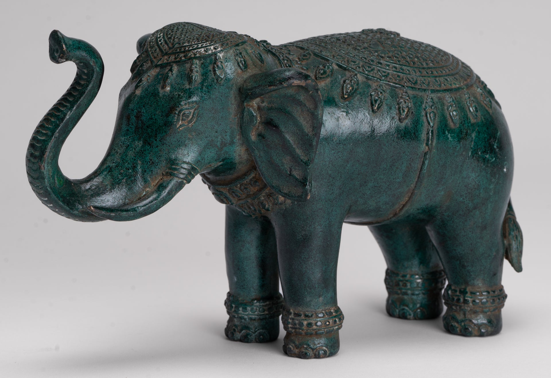 Antique Khmer Style Bronze Trumpeting Elephant Statue - 24cm/10" Long