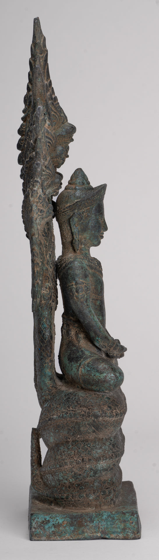 Buddha Statue - Antique Bayon Style Khmer Seated Bronze Naga Meditation Buddha - 37cm/15"