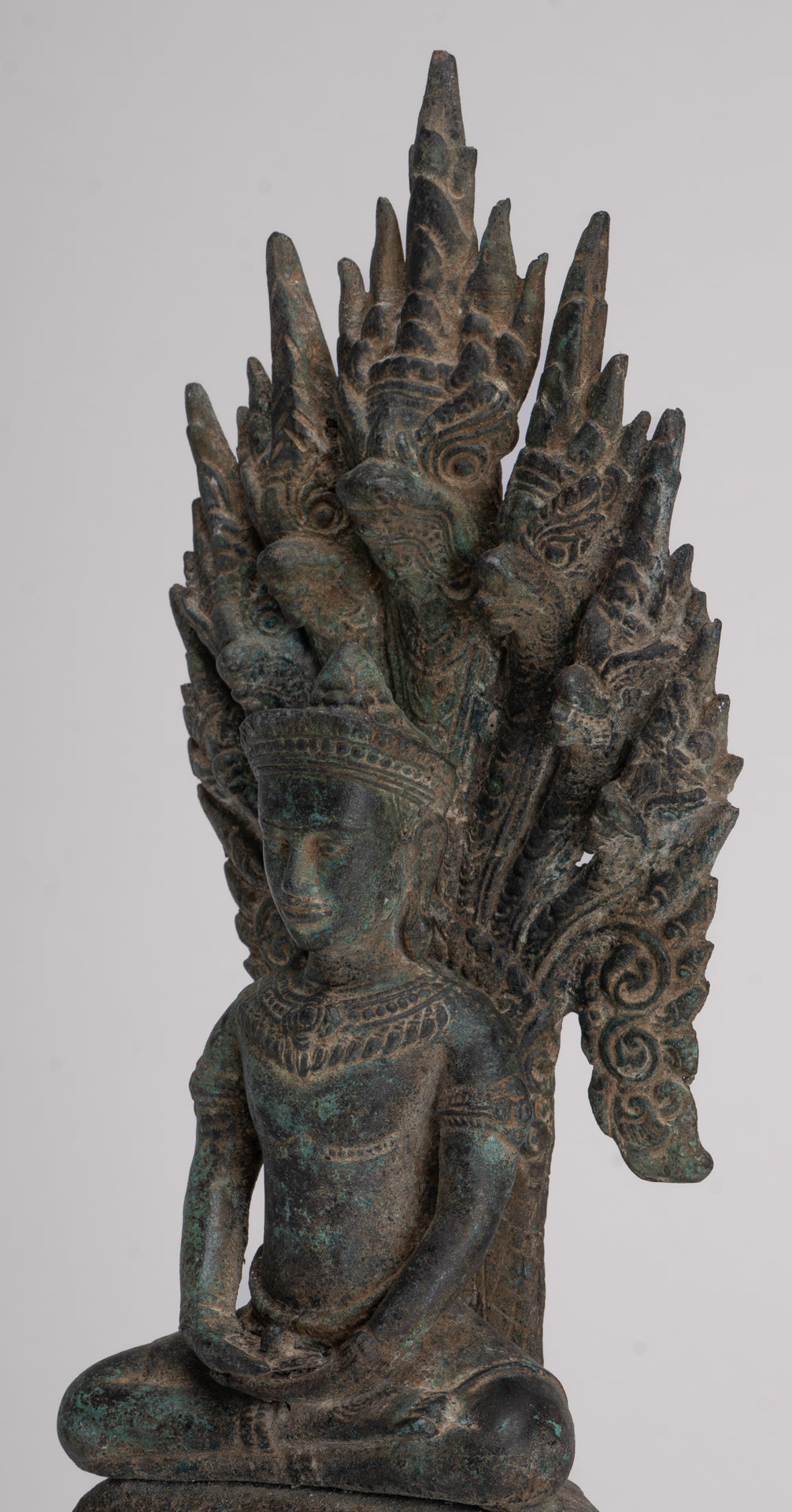Buddha Statue - Antique Bayon Style Khmer Seated Bronze Naga Meditation Buddha - 37cm/15"