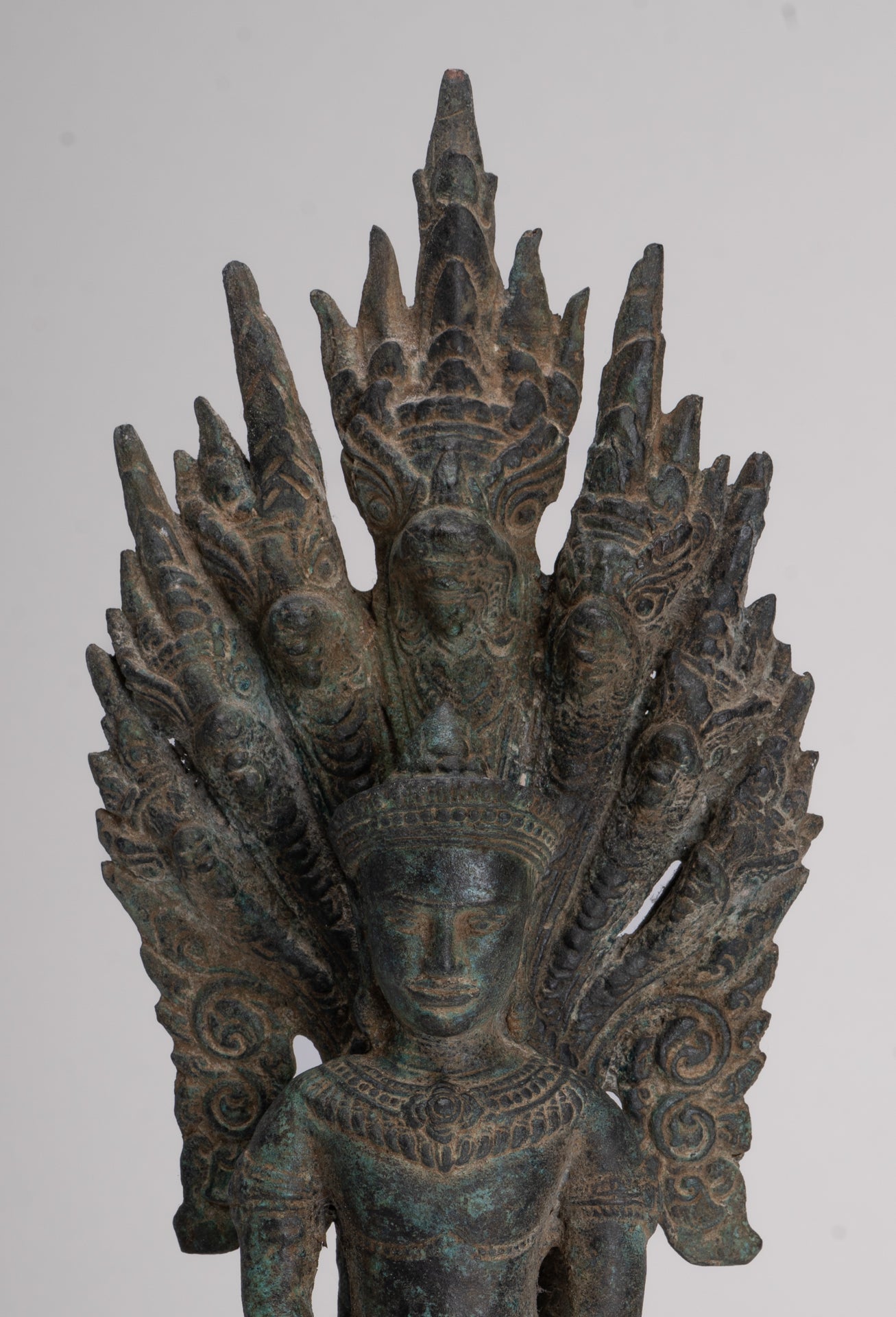 Buddha Statue - Antique Bayon Style Khmer Seated Bronze Naga Meditation Buddha - 37cm/15"