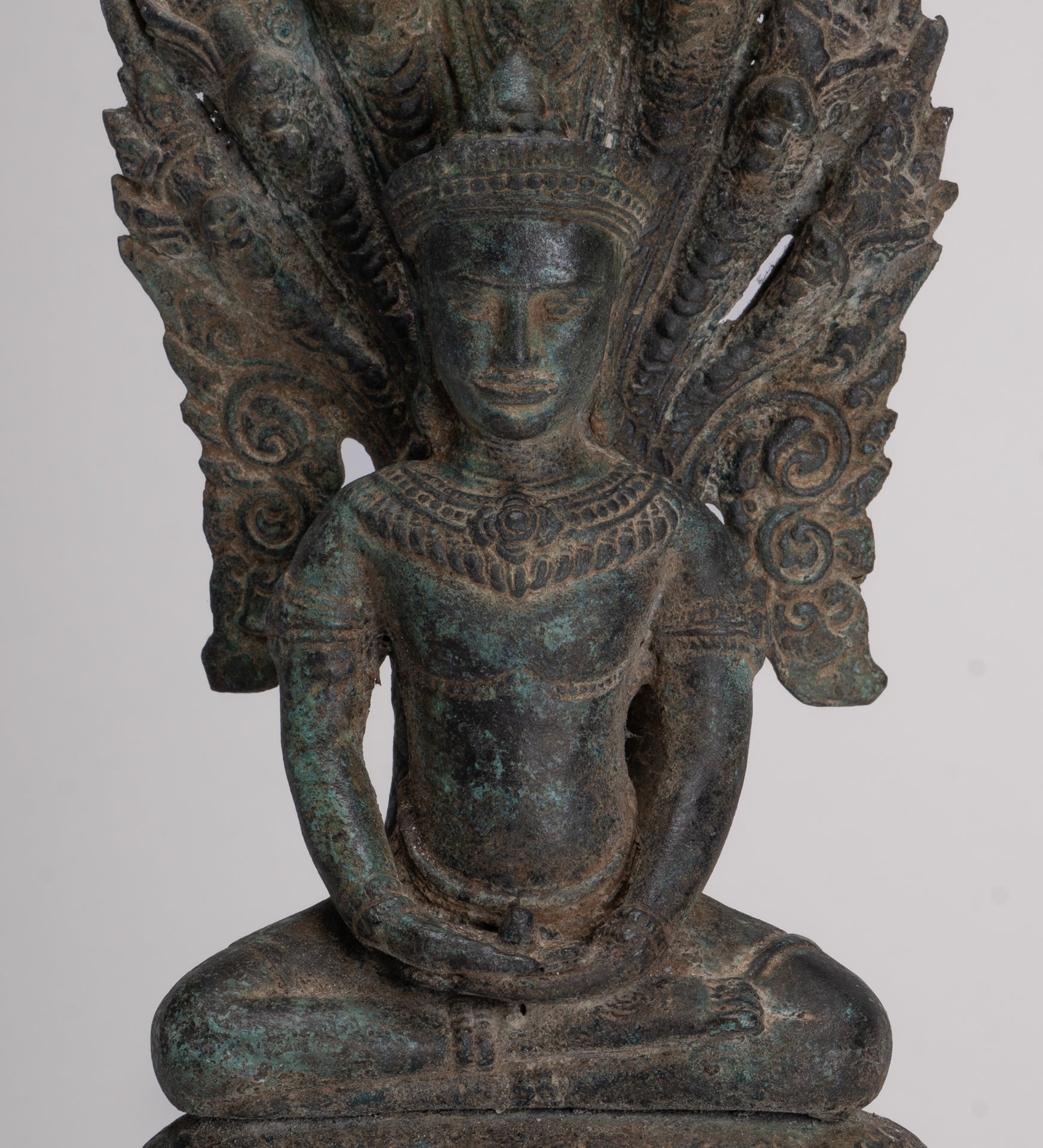 Buddha Statue - Antique Bayon Style Khmer Seated Bronze Naga Meditation Buddha - 37cm/15"