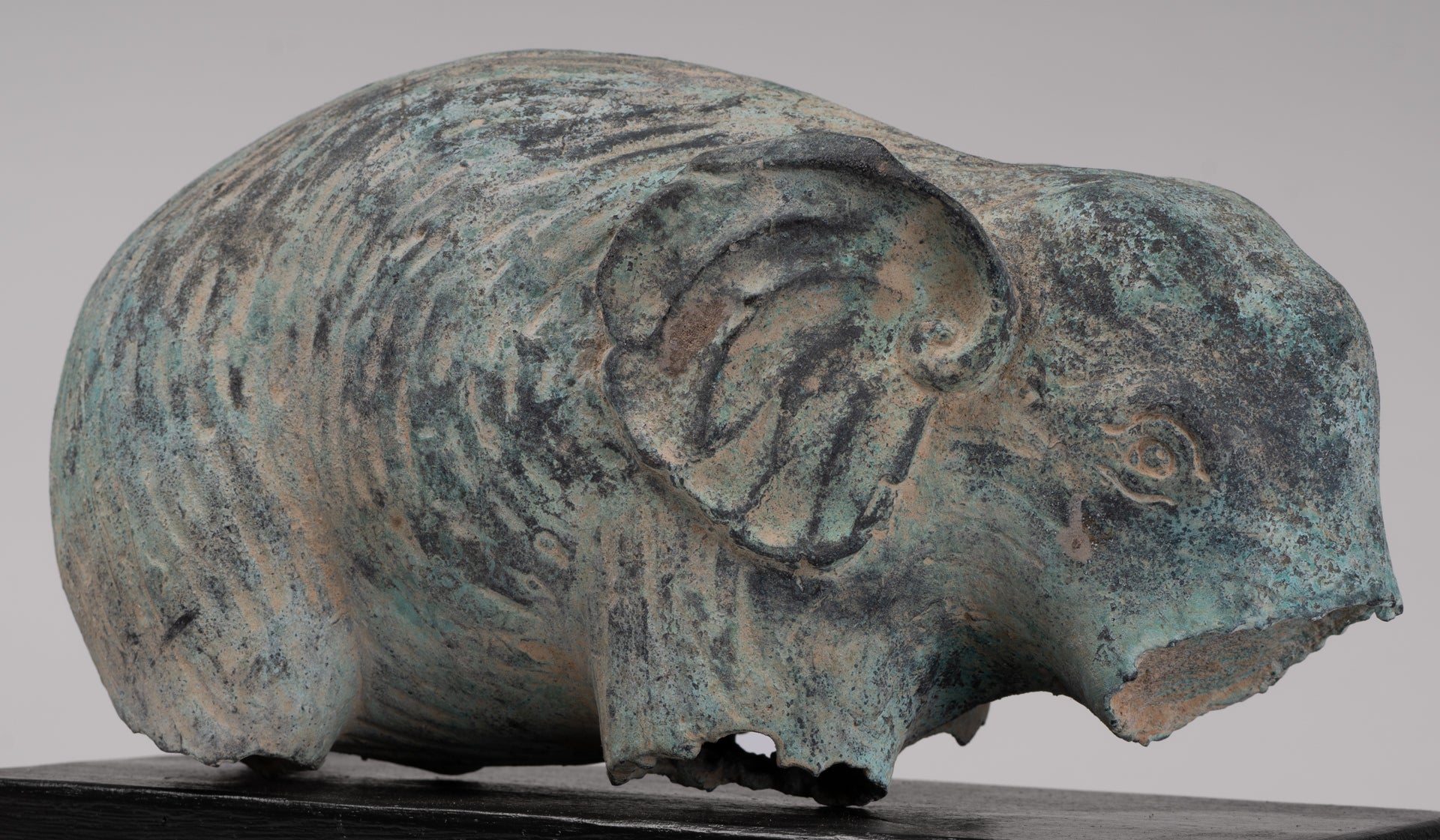 Antique Khmer Style Verdigris Bronze Abstract Elephant Statue - 21cm/8.5"