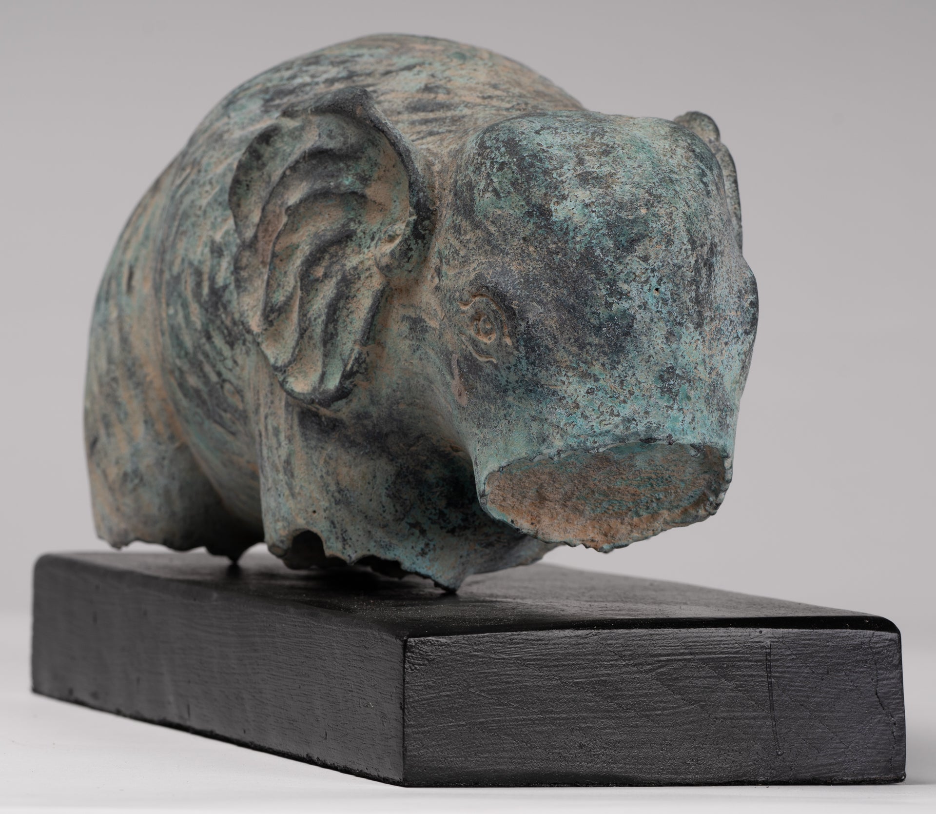 Antique Khmer Style Verdigris Bronze Abstract Elephant Statue - 21cm/8.5"