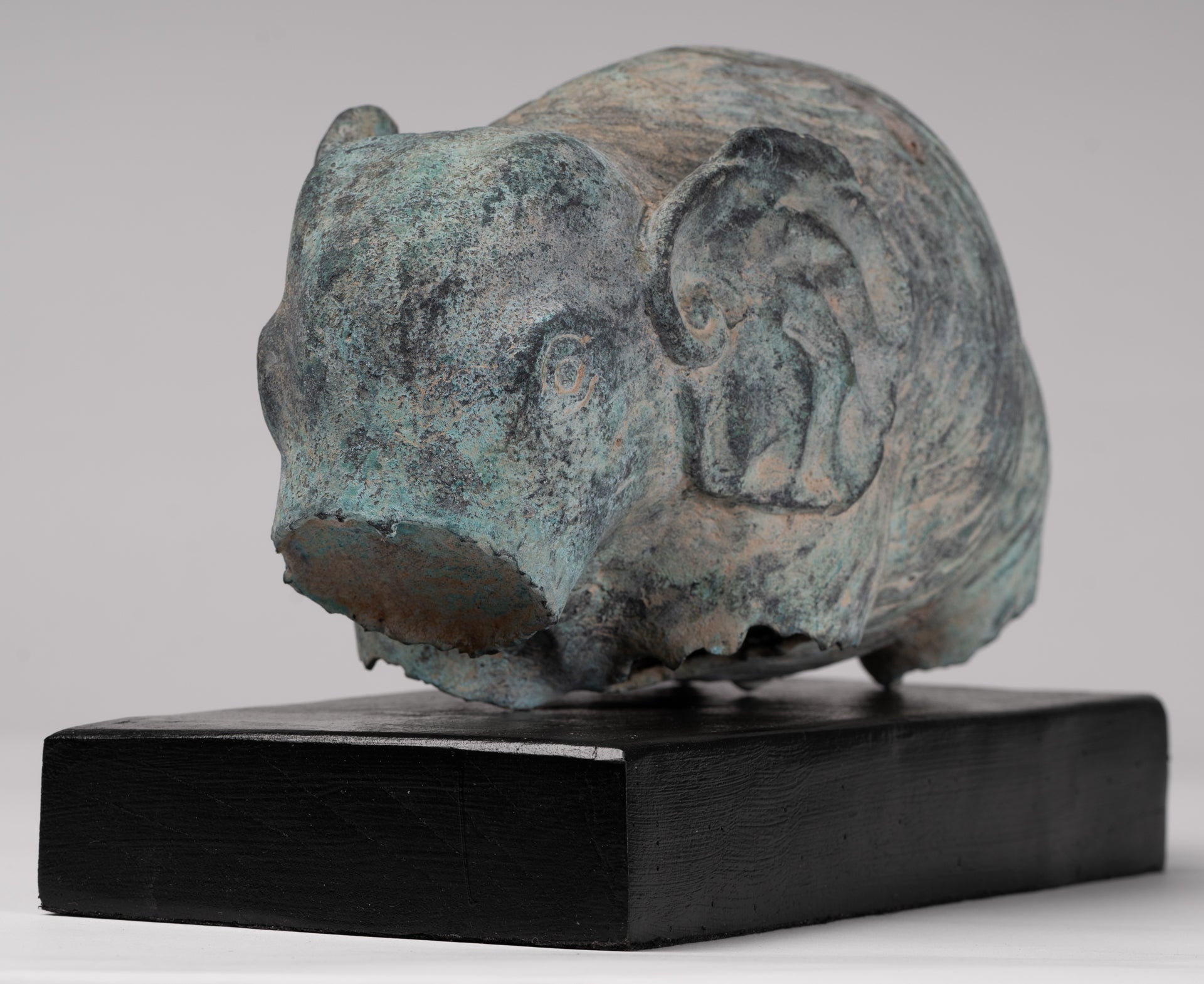 Antique Khmer Style Verdigris Bronze Abstract Elephant Statue - 21cm/8.5"