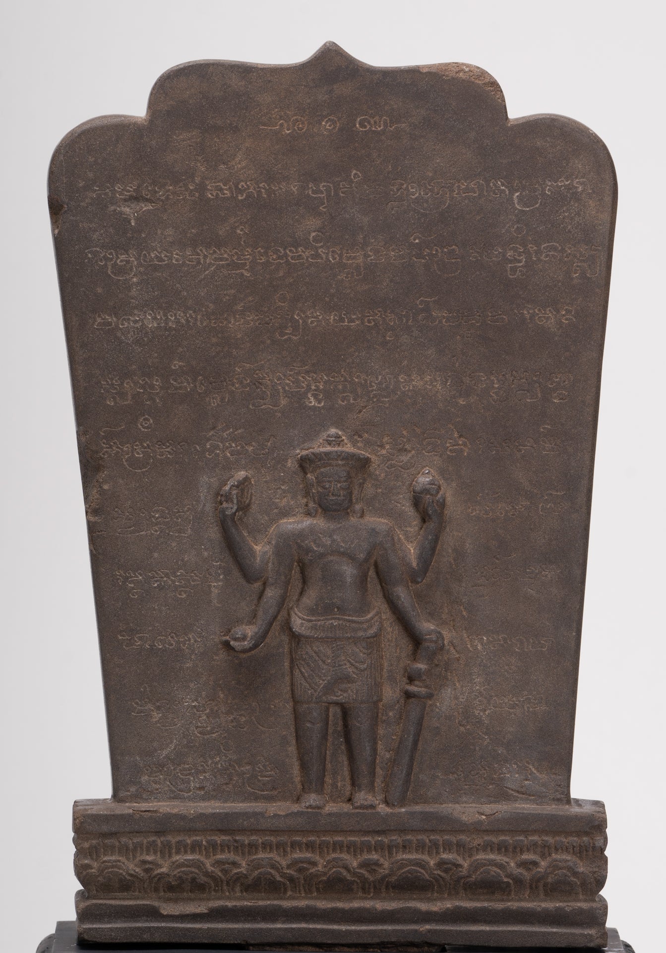 Antique Bayon Style Mounted Stone Stele Vishnu Statue - 42cm/17"