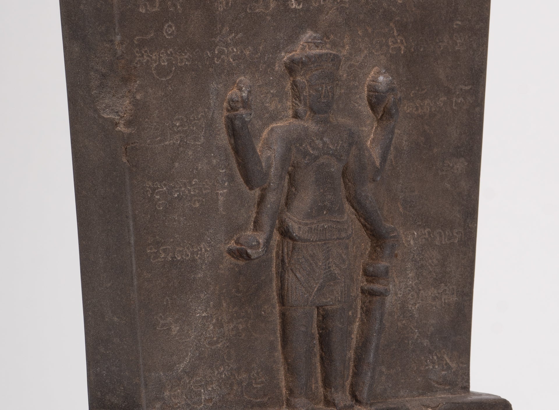 Antique Bayon Style Mounted Stone Stele Vishnu Statue - 42cm/17"