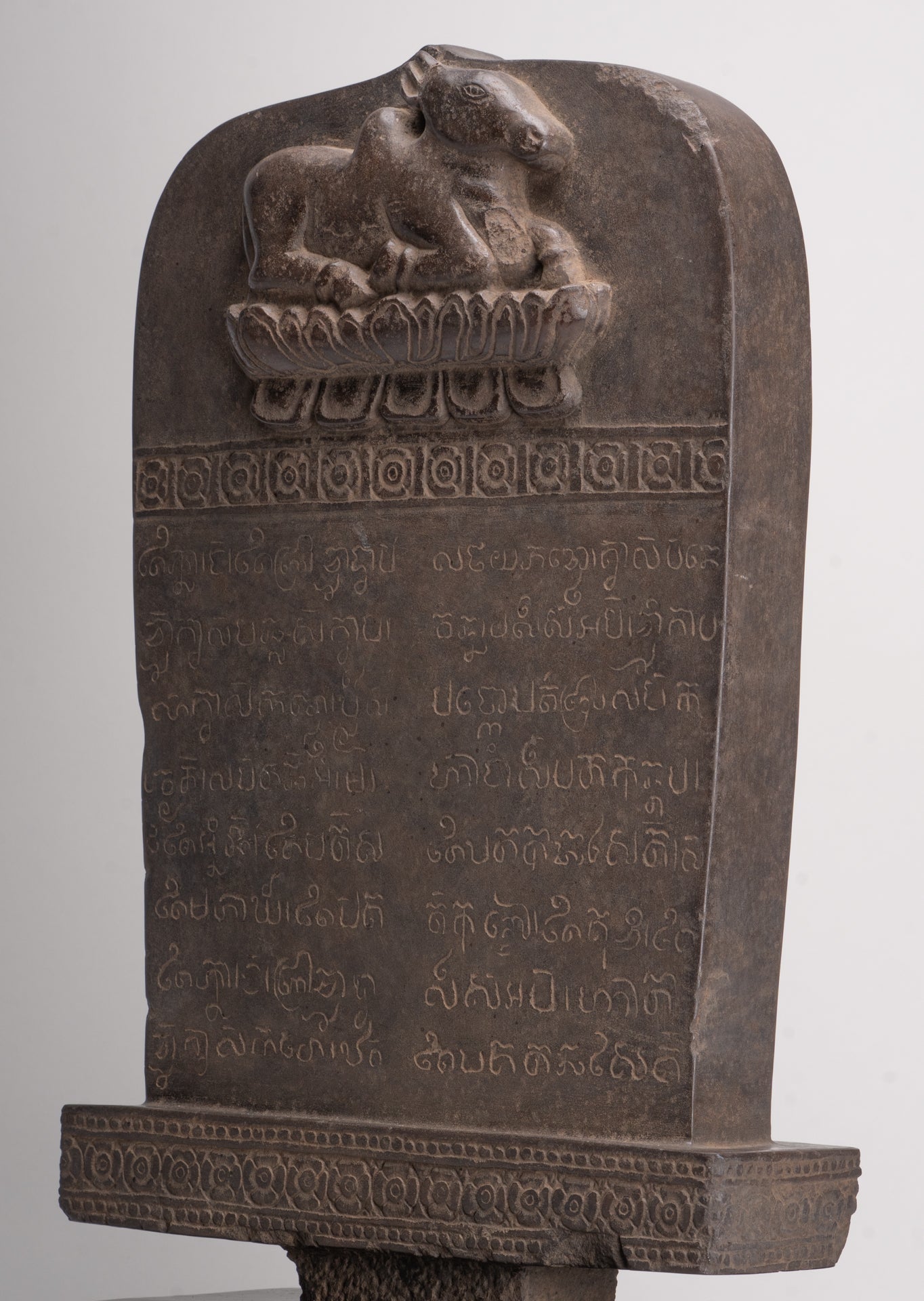 Antique Khmer Style Stone Sanskrit Stele with Nandi - 54cm / 22"