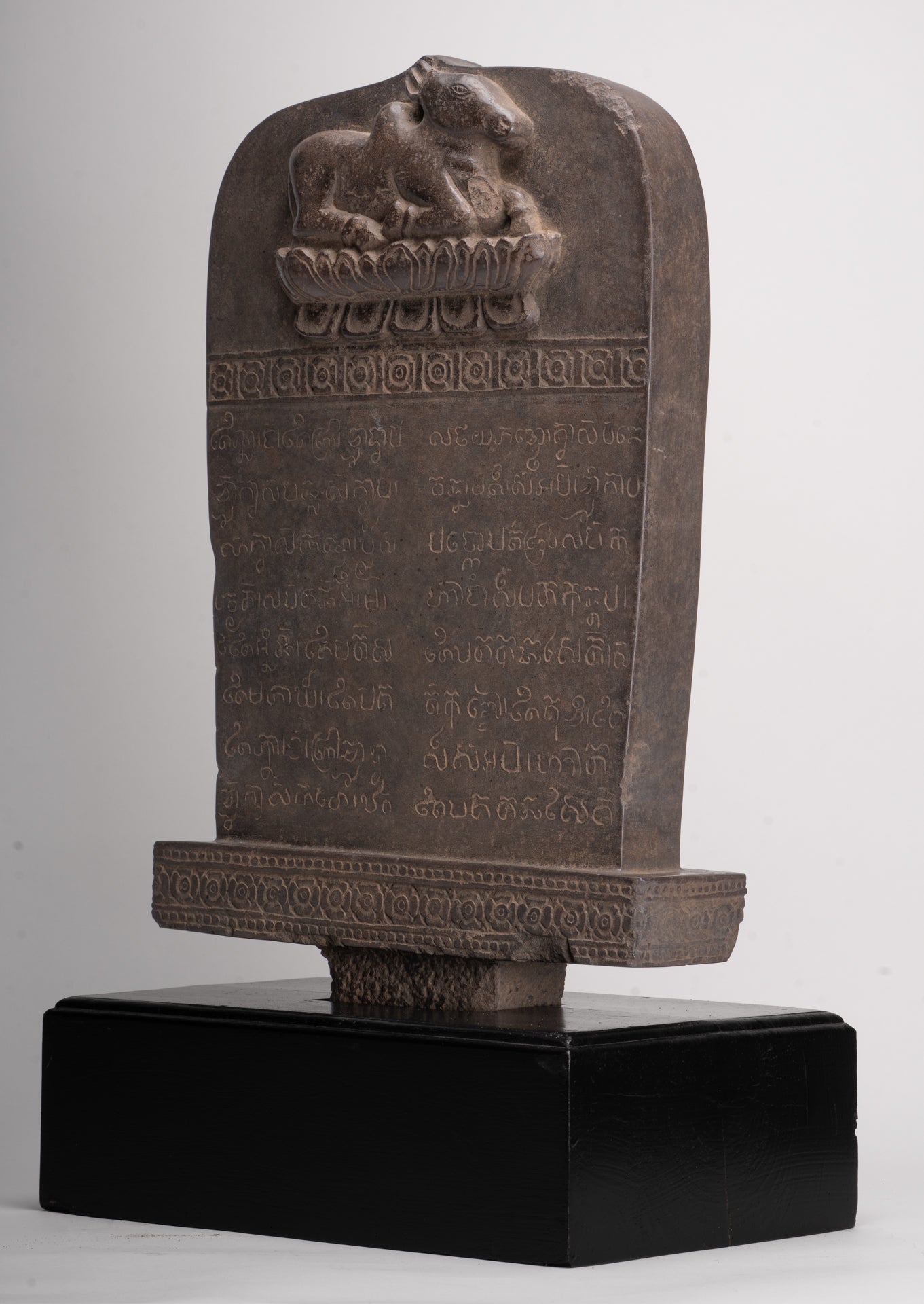 Antique Khmer Style Stone Sanskrit Stele with Nandi - 54cm / 22"