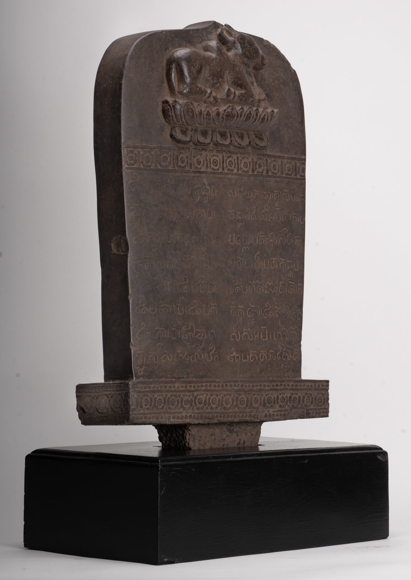 Antique Khmer Style Stone Sanskrit Stele with Nandi - 54cm / 22"