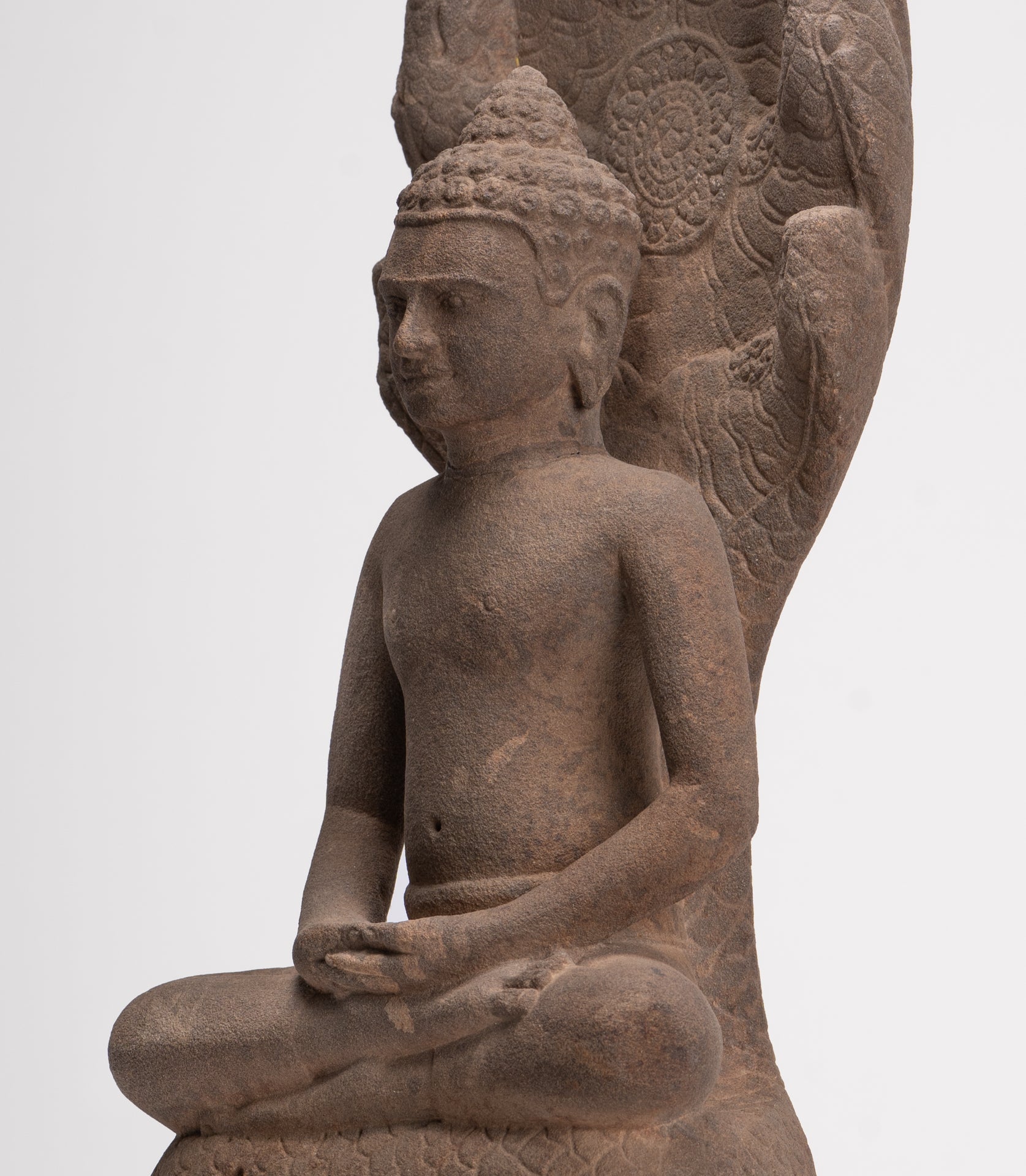 Buddha Statue - Antique Dvaravati Style Thai Stone Naga Meditation Buddha - 58cm/23"