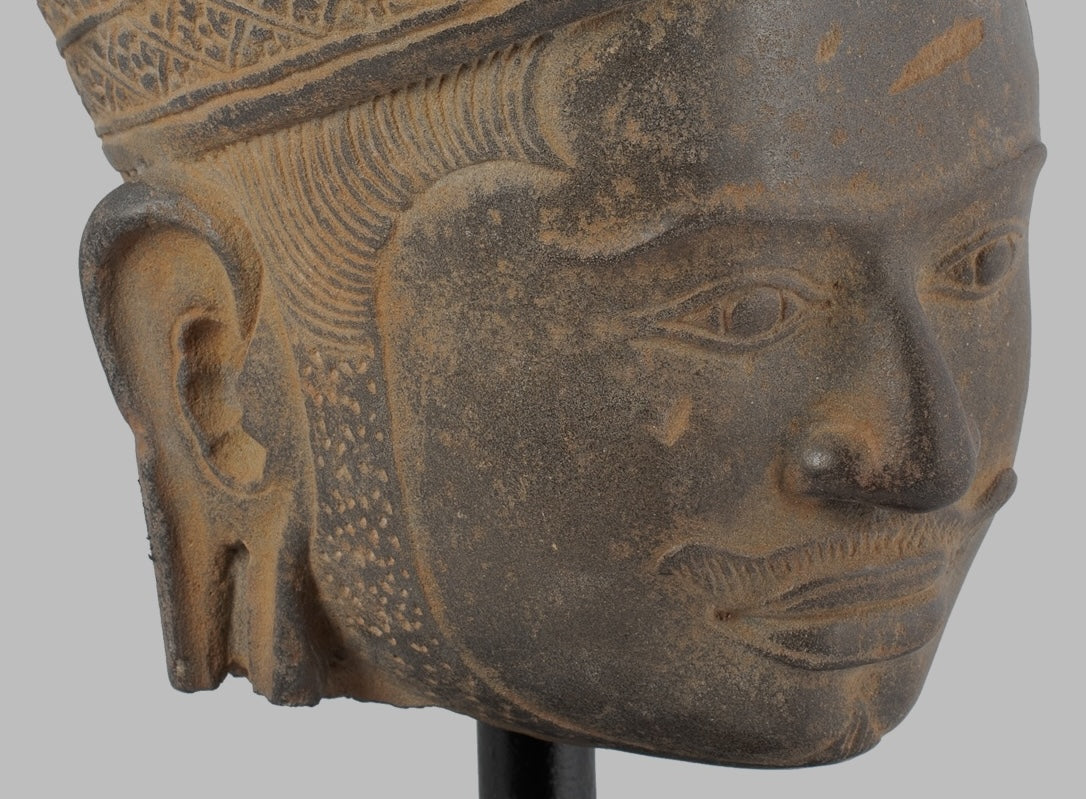 Antique Koh Ker Style Stone Mounted Khmer Vishnu Head - 28cm / 11"